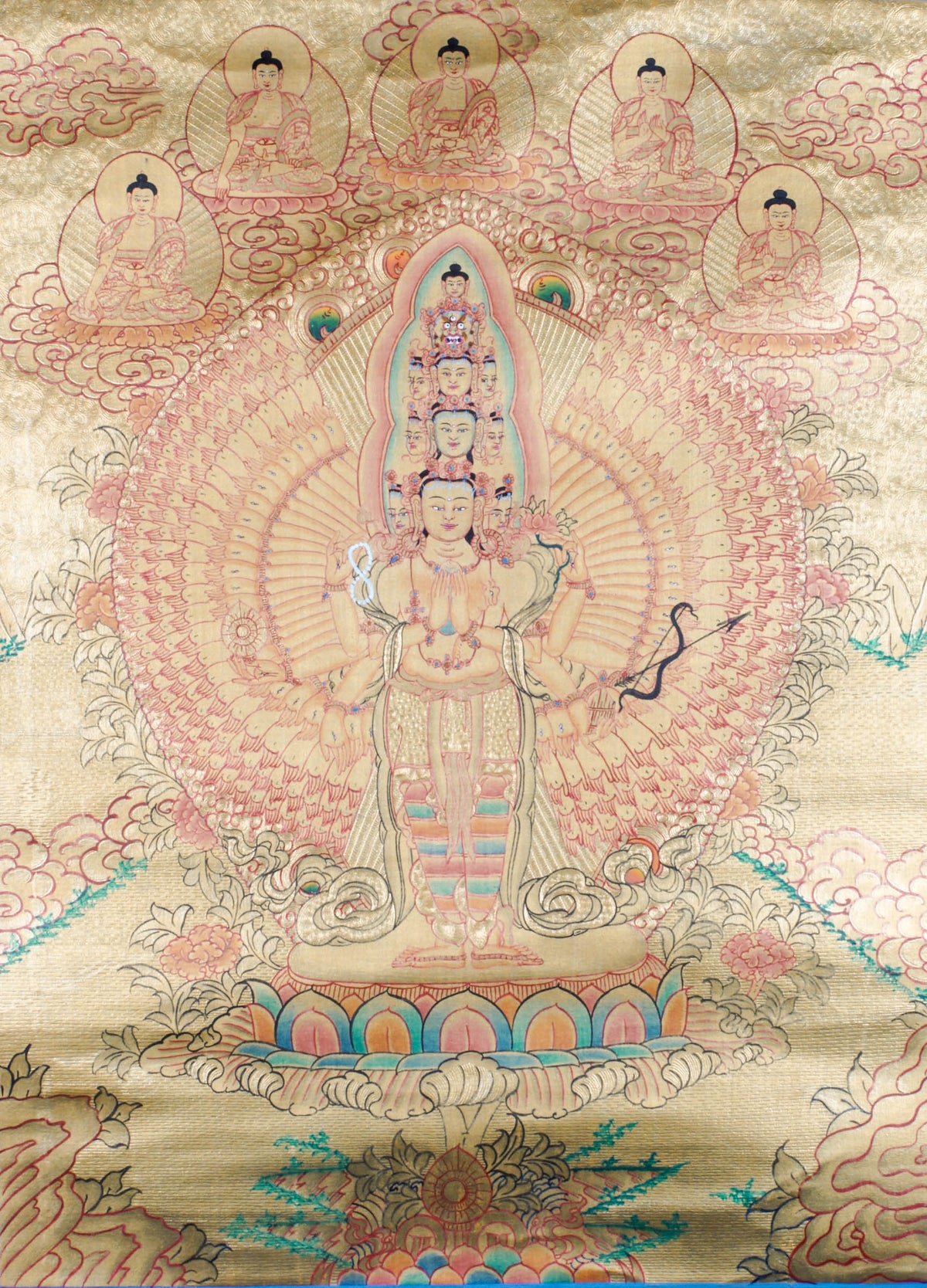 1000-Armed Chenrezig (Avalokiteshvara) Tibetan Thangka painting, hand-painted Buddhist artwork depicting the Bodhisattva of Compassion with thousand arms and serene faces, seated on a lotus throne with radiant mandala halo. Authentic Himalayan Buddhist religious art created with natural mineral pigments on cotton, ideal for meditation rooms, Buddhist altar decor, yoga studios, and spiritual wall art.