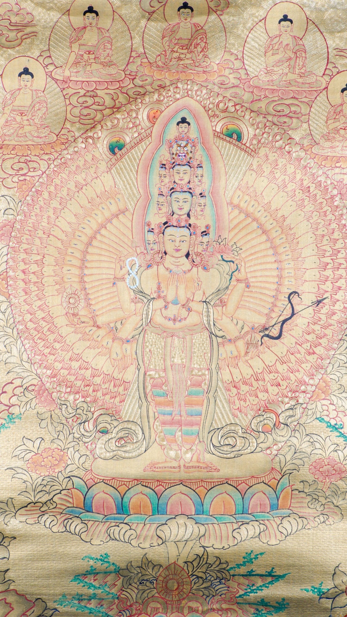 1000-Armed Chenrezig (Avalokiteshvara) Tibetan Thangka painting, hand-painted Buddhist artwork depicting the Bodhisattva of Compassion with thousand arms and serene faces, seated on a lotus throne with radiant mandala halo. Authentic Himalayan Buddhist religious art created with natural mineral pigments on cotton, ideal for meditation rooms, Buddhist altar decor, yoga studios, and spiritual wall art.