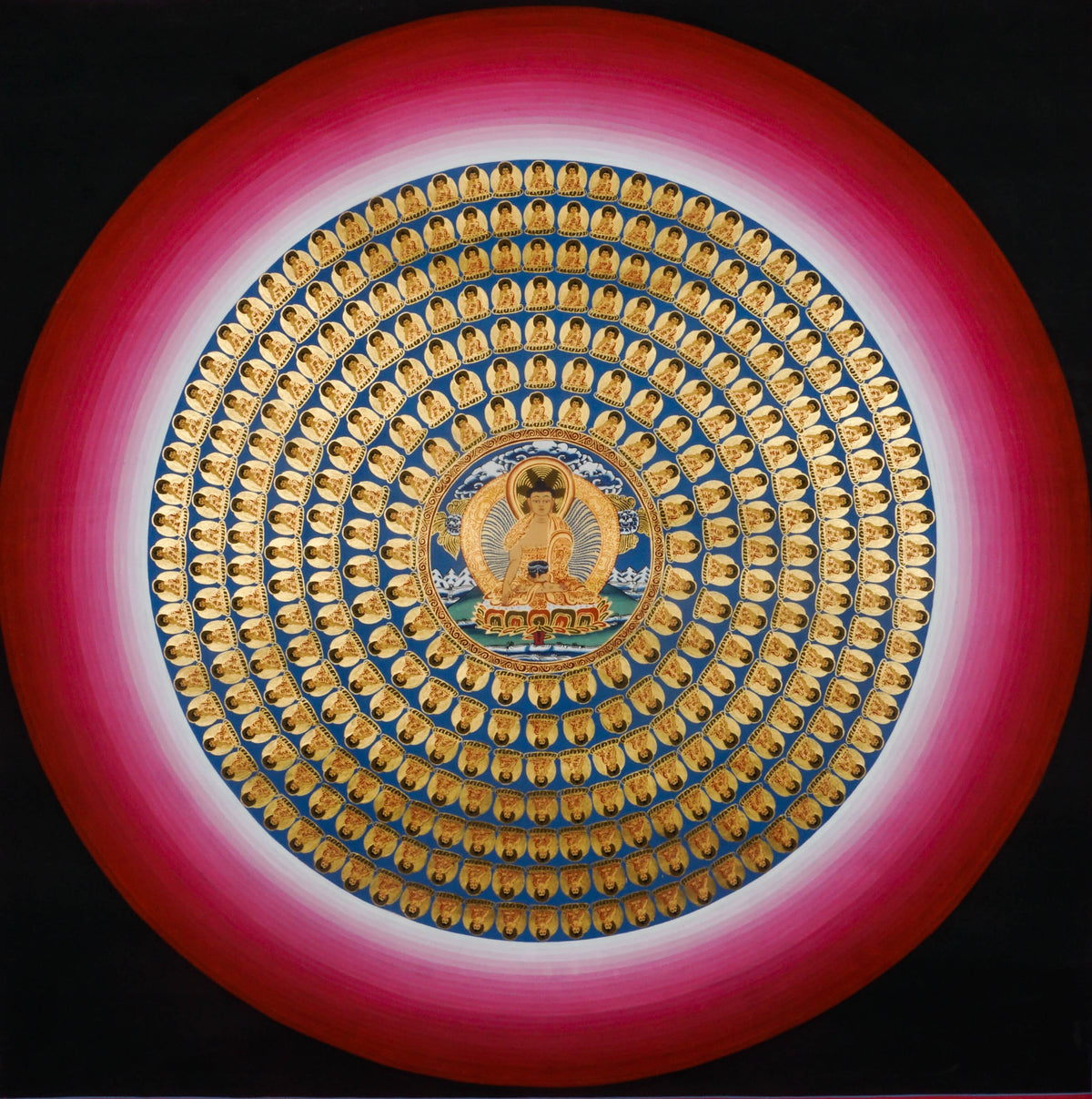Hand-painted Tibetan 108 Buddha Mandala Thangka featuring concentric circles of 108 enlightened Buddhas surrounding a central Buddha figure, symbolizing compassion, purification, and boundless merit in Vajrayana Buddhism, rendered in vibrant gold, blue, and red tones.
