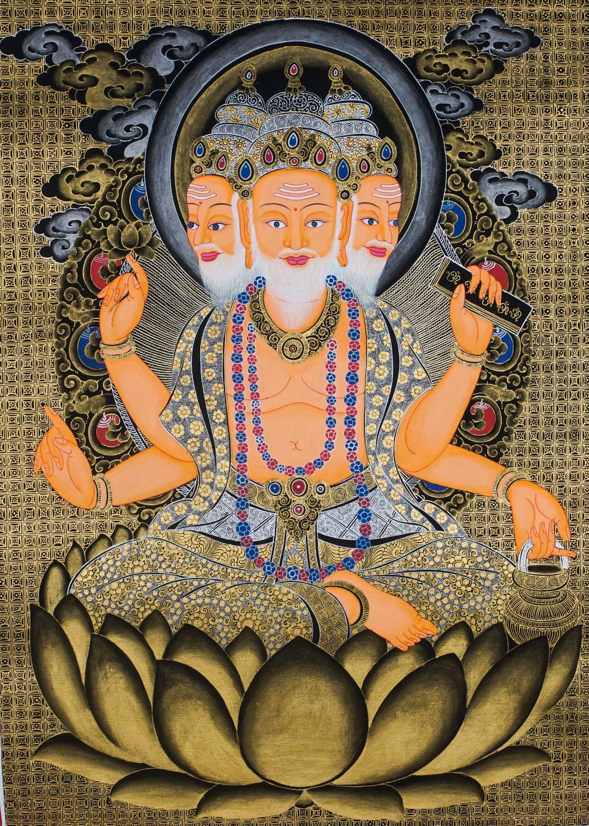 Traditional Hindu thangka painting depicting Brahma, the four-faced creator god, seated on a lotus throne, holding sacred objects and scriptures, symbolizing cosmic creation, wisdom, and balance, set against an ornate gold patterned background.