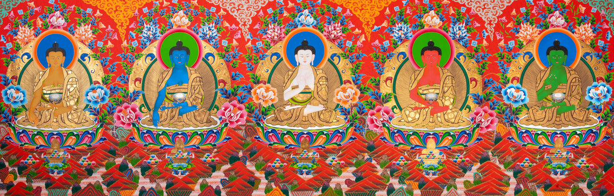Five Dhyani Buddhas Thangka depicting Vairocana, Akshobhya, Ratnasambhava, Amitabha, and Amoghasiddhi seated on lotus thrones, symbolizing the five wisdoms in traditional hand-painted Tibetan Buddhist art.
