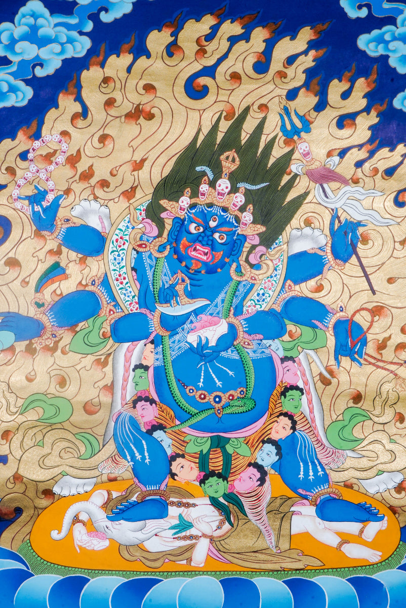 The Six-Hand Mahakala Thangka depicts a fierce guardian deity in Tibetan Buddhism, known for destroying obstacles and protecting spiritual seekers. Hand-painted with natural pigments and gold, this artwork radiates powerful energy, offering protection, transformation, and a strong presence in any sacred space.