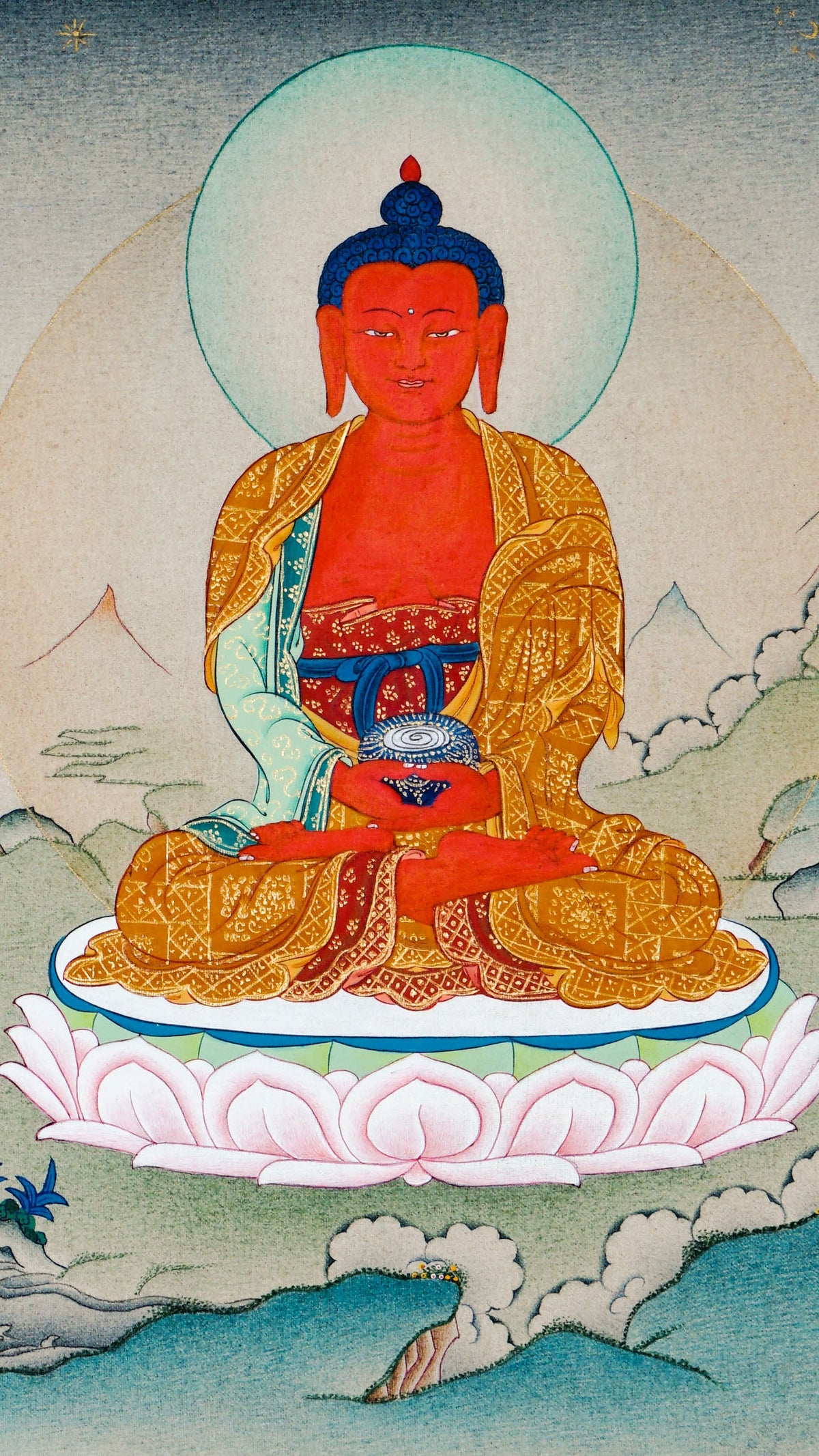 Tibetan Buddhist thangka of Amitabha Buddha seated in Padmasana, holding a begging bowl, depicted in red, hand painted in Kathmandu, Nepal with natural mineral pigments.