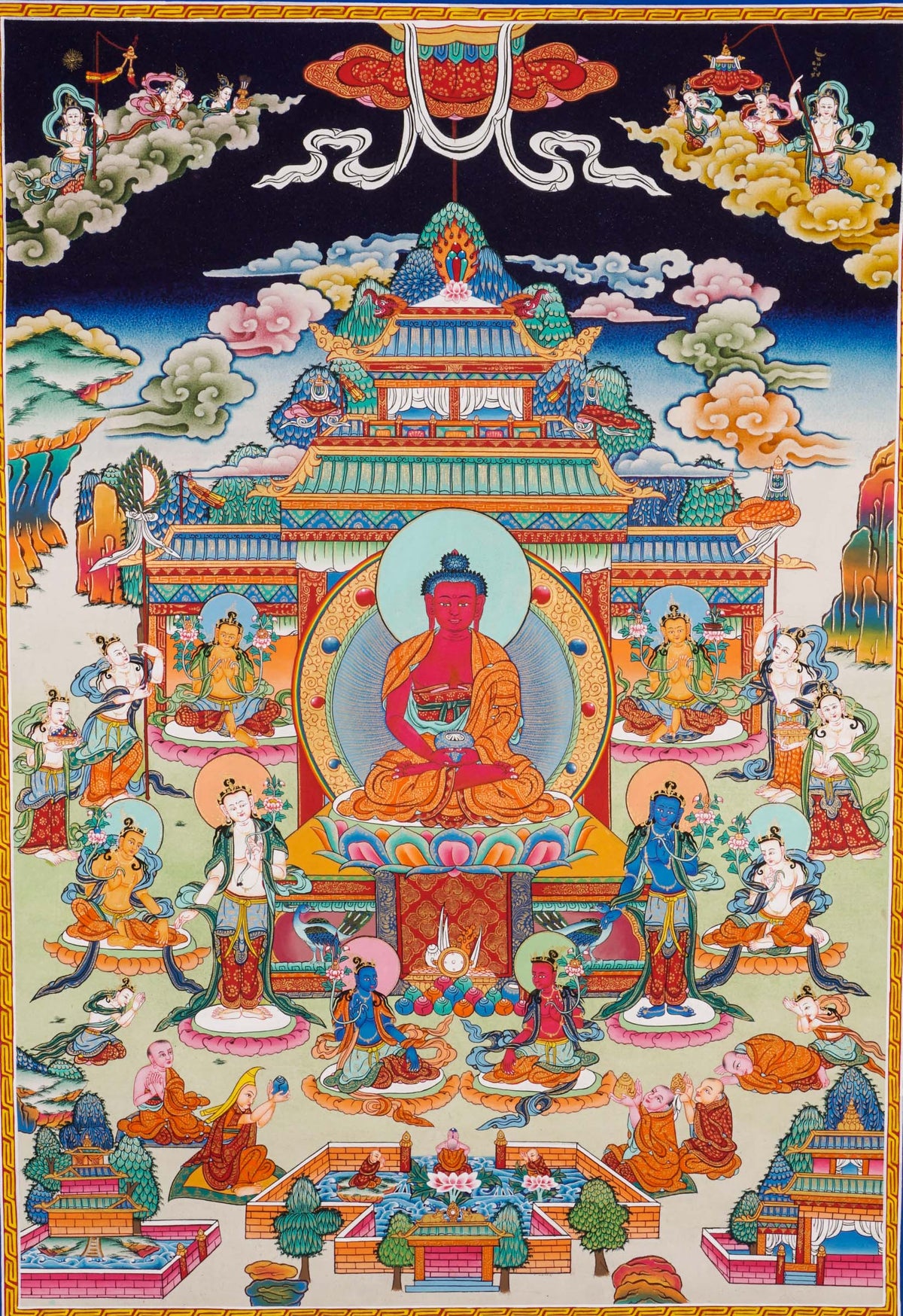 Hand-painted Tibetan Amitabha Pure Land Thangka depicting Amitabha Buddha seated on a lotus throne within a multi-tiered celestial stone temple, surrounded by bodhisattvas, attendants, and devotees, symbolizing the Western Pure Land (Sukhavati) in Mahayana Buddhism.