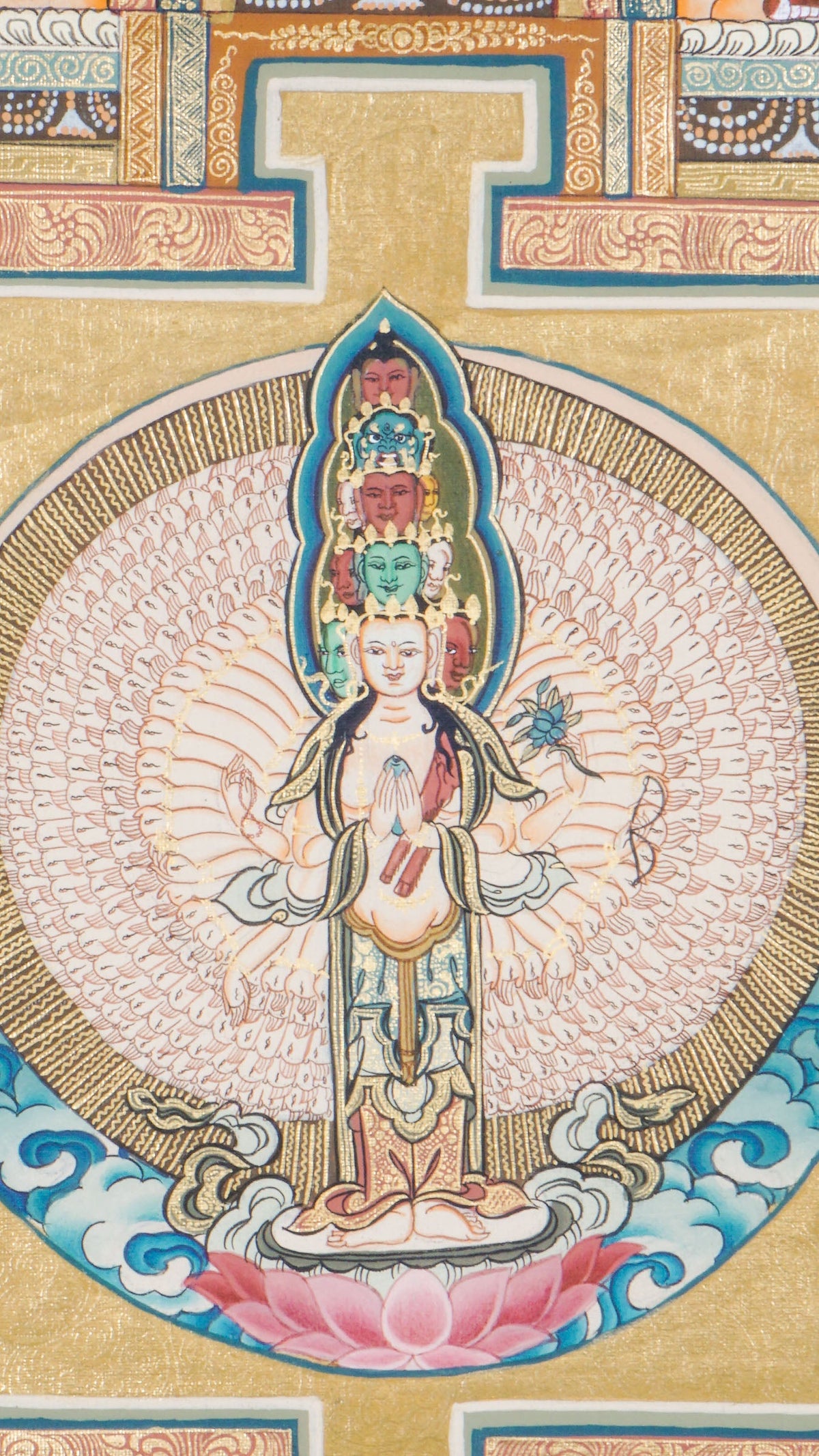 Avalokiteshvara Mandala Tibetan Thangka painting featuring the Bodhisattva of Compassion at the center, surrounded by a sacred geometric mandala, deities, lotus motifs, clouds, and symbolic Himalayan Buddhist iconography. Traditional hand-painted Buddhist mandala art with natural mineral pigments, ideal for meditation, spiritual practice, altar decor, and sacred wall hanging.