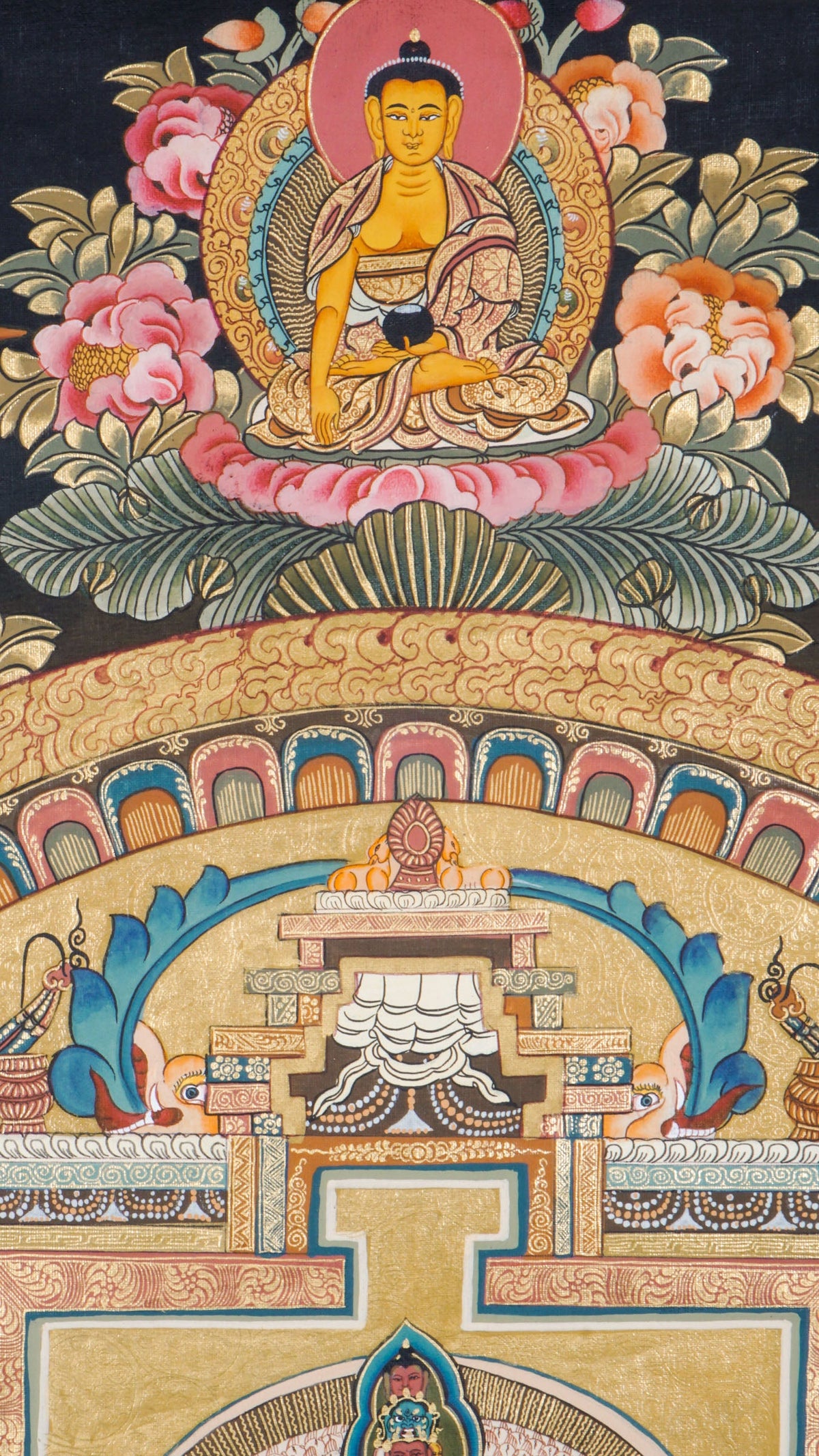 Avalokiteshvara Mandala Tibetan Thangka painting featuring the Bodhisattva of Compassion at the center, surrounded by a sacred geometric mandala, deities, lotus motifs, clouds, and symbolic Himalayan Buddhist iconography. Traditional hand-painted Buddhist mandala art with natural mineral pigments, ideal for meditation, spiritual practice, altar decor, and sacred wall hanging.