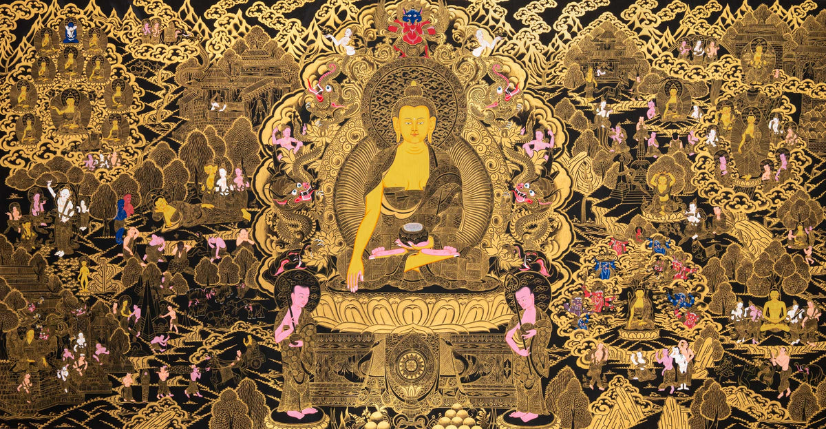 Buddha Life Thangka depicting Shakyamuni Buddha seated at the center in black and gold, surrounded by detailed narrative scenes illustrating the major events of the Buddha’s life, enlightenment, teachings, and path to liberation in traditional Tibetan Buddhist art.