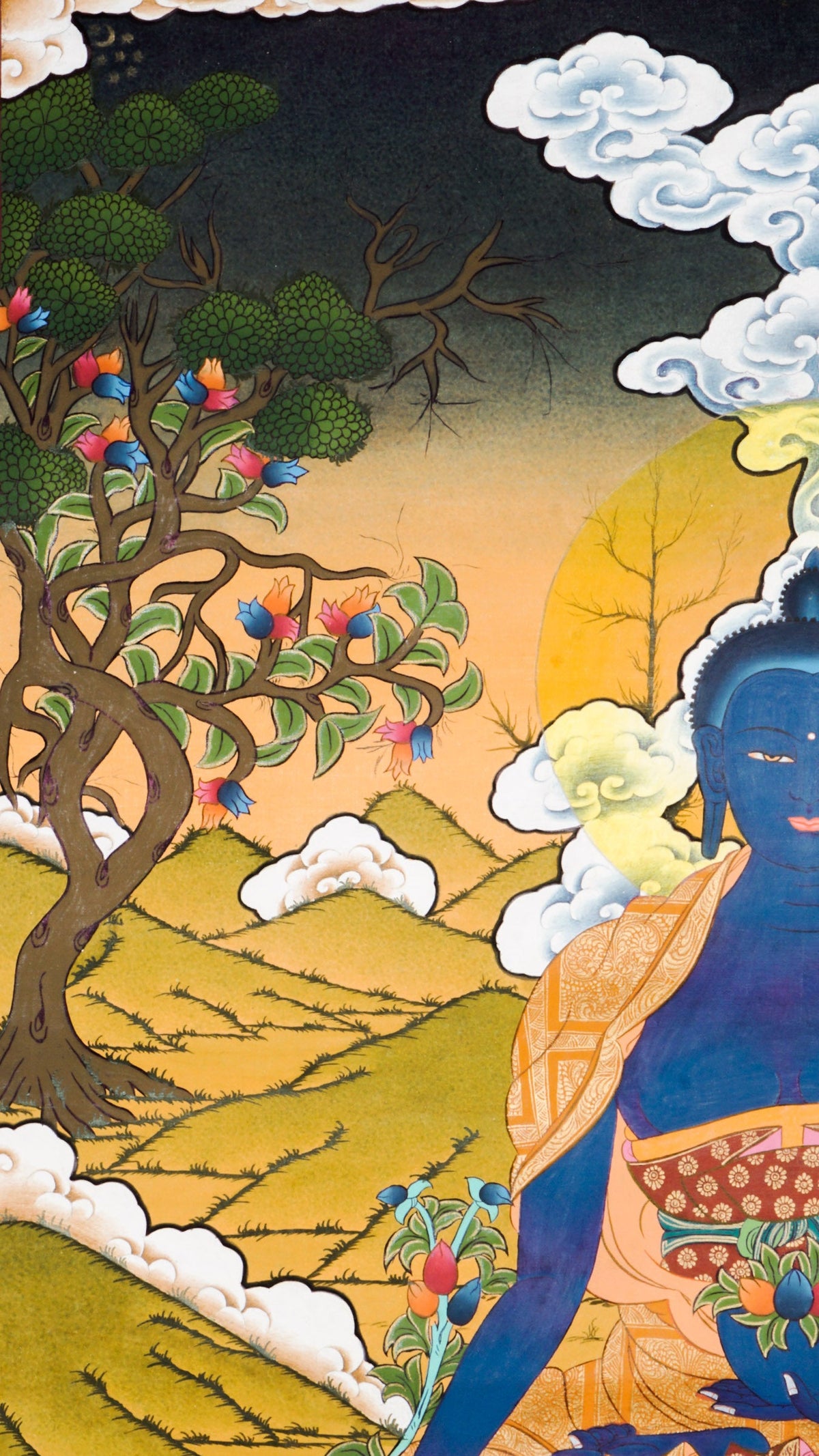 Medicine Buddha Thangka is a genuine Tibetan Buddhist painting that represents healing, balance, and spiritual protection. Painted in deep lapis blue, the Medicine Buddha holds the arura plant and a nectar bowl, symbolizing the power to heal illness and purify negative energy.