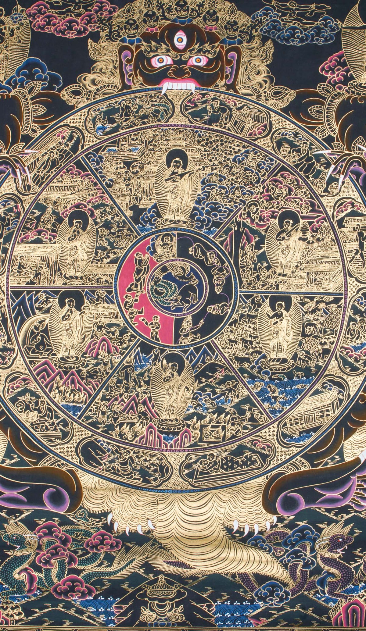Thangka painting featuring a large circular wheel divided into multiple sections with numerous small human and animal figures, held by a large dark figure with outstretched arms, set against a dark background with gold linework and decorative clouds and patterns.
