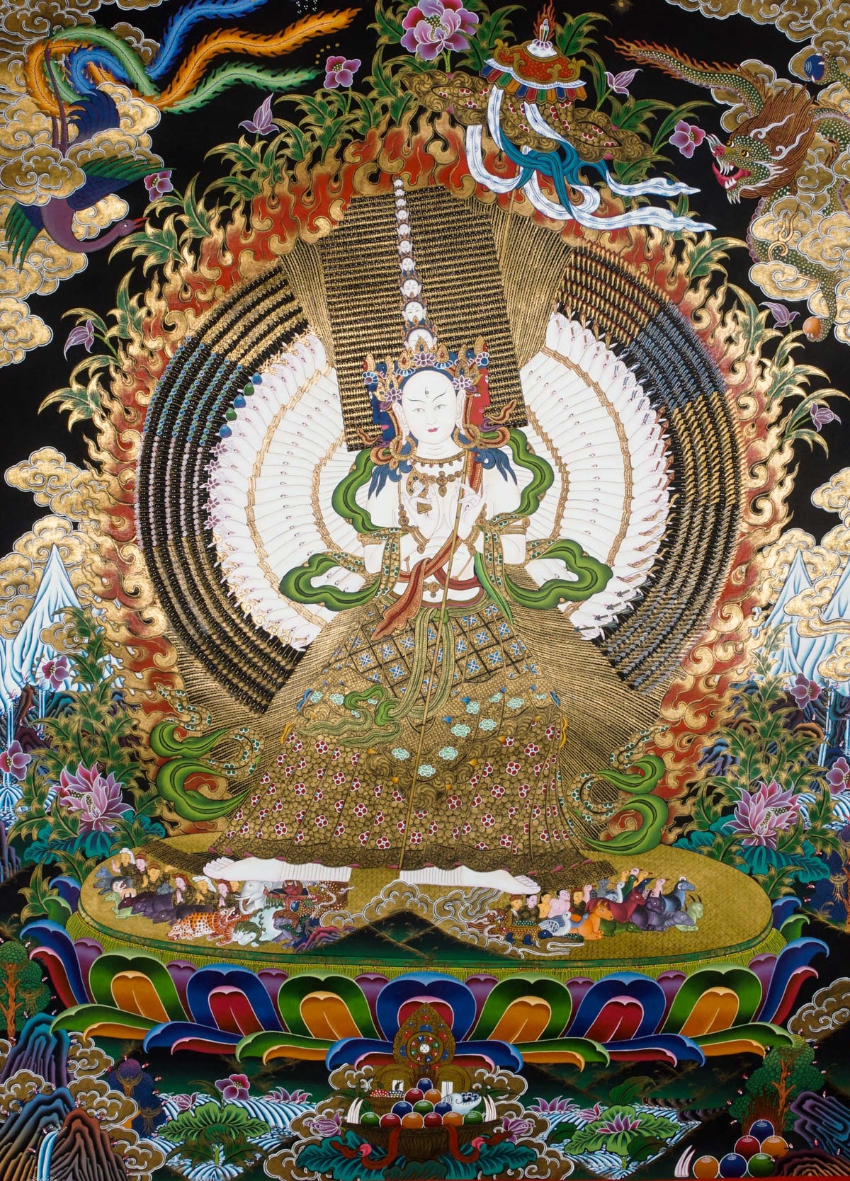 Hand-painted Dhukkar Tibetan Thangka depicting the thousand-headed, thousand-armed Bodhisattva of Infinite Compassion, with eyes in every palm symbolizing all-seeing wisdom, sacred Himalayan Buddhist artwork for Vajrayana meditation, altar display, and spiritual wall decor.