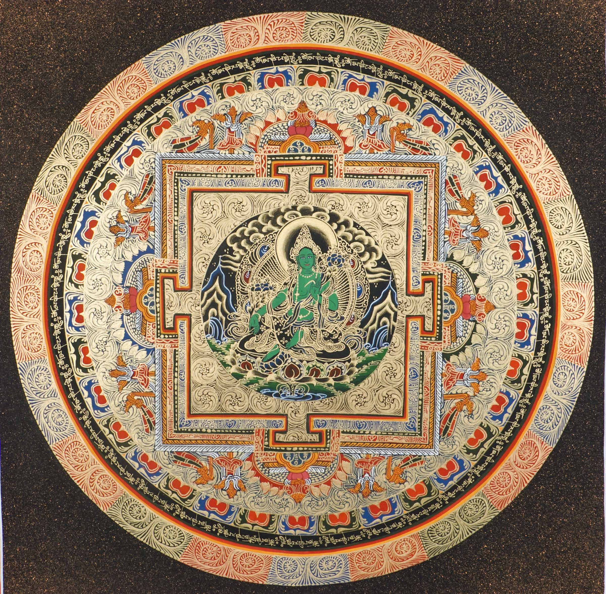 A circular mandala showcasing Green Tara at the center, hand painted in Nepal by skilled artisans.