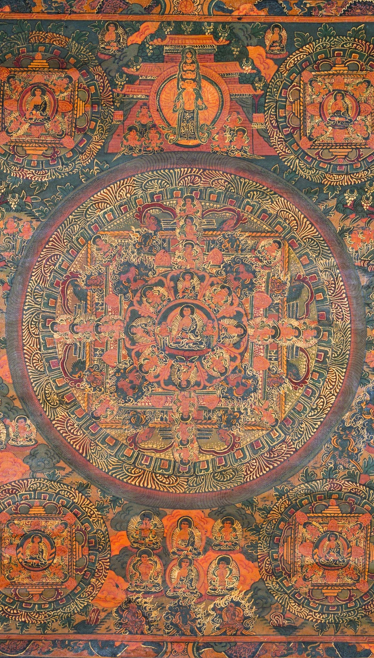 Buddha Mandala Thangka - a sacred hand-painted artwork representing the Buddha and Bodhisattvas in geometrical pattern