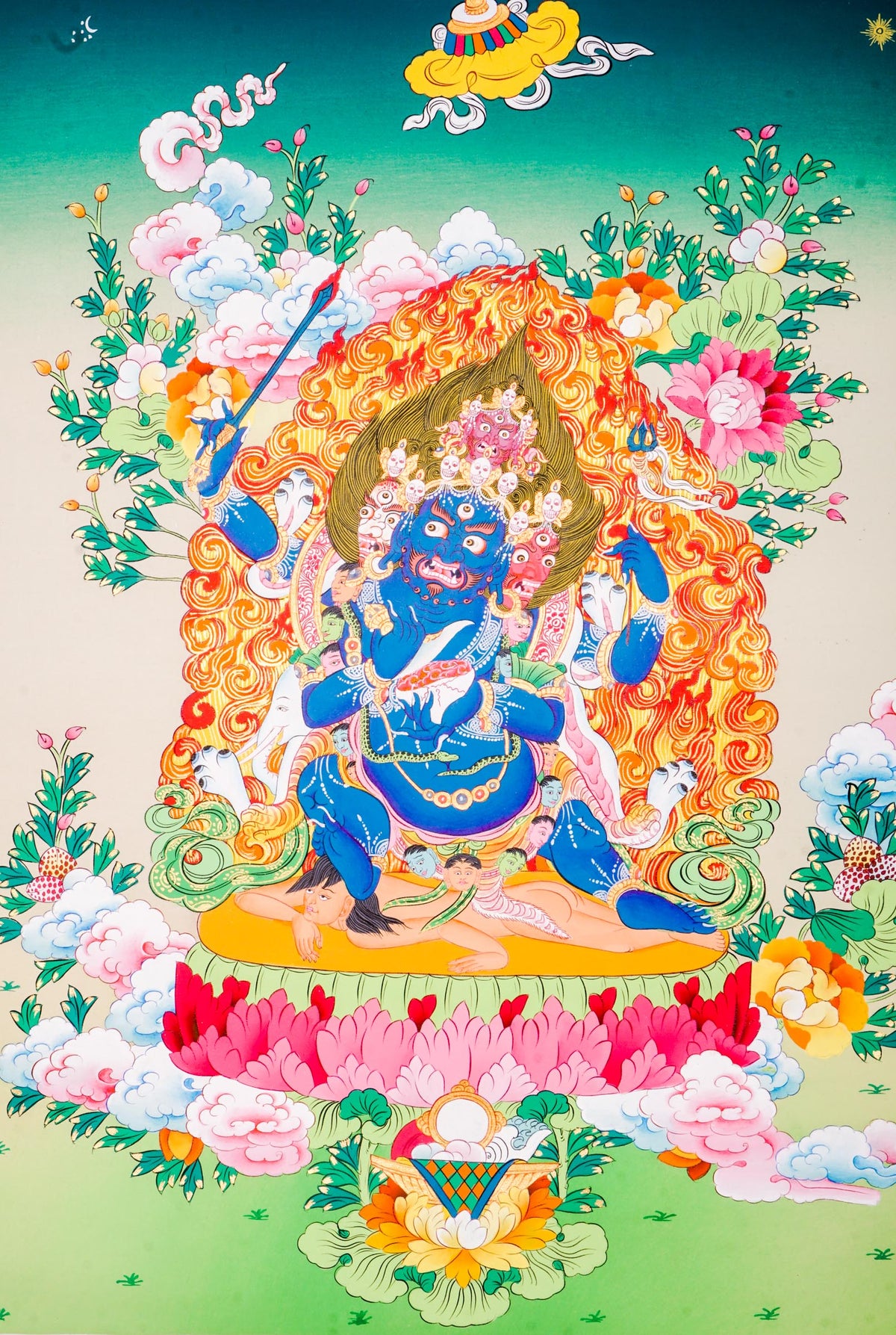 A sacred hand-painted Thangka Art using 24k gold and natural pigments of Mahakala, the fierce protector.