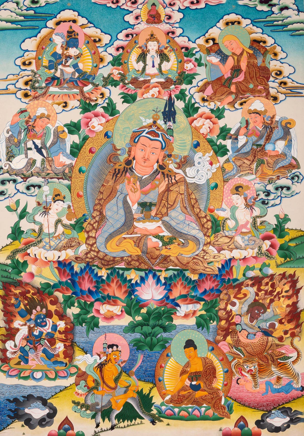 Colorful Thangka artwork with Guru Padma Shambhava. High quality Thangka Art work of e Guru Tsen Gye