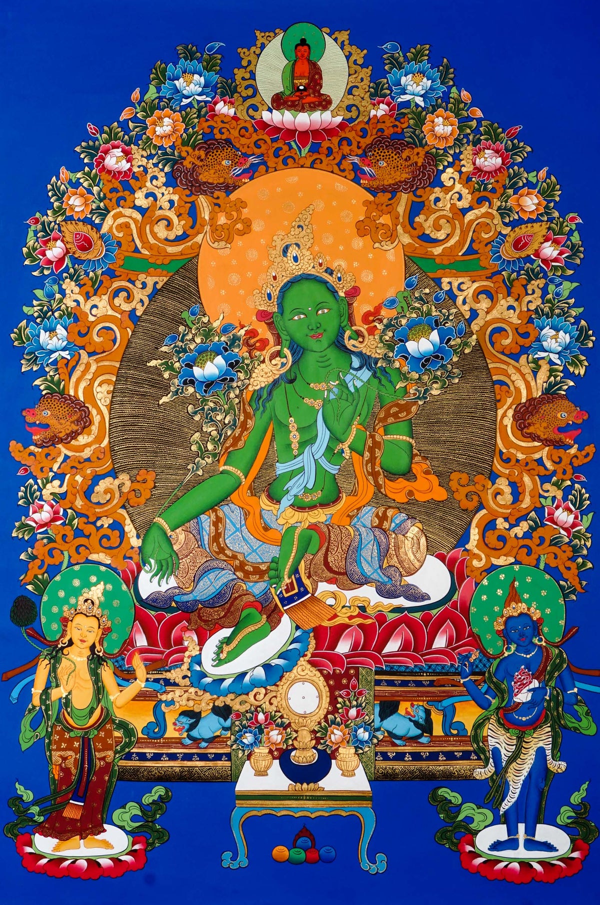 Tibetan thangka of Green Tara in green form seated in lalitasana on a golden lotus throne, right hand in varada mudra, left hand holding a blue lotus, surrounded by flowers and divine light.