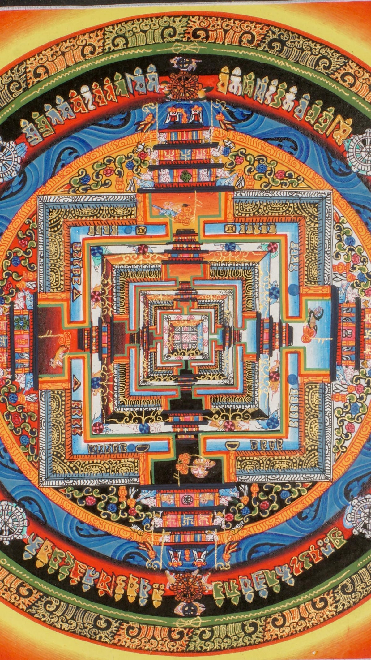 Kalachakra Mandala thangka depicting a square central palace surrounded by concentric rings, Tibetan script, and an orange-red background.