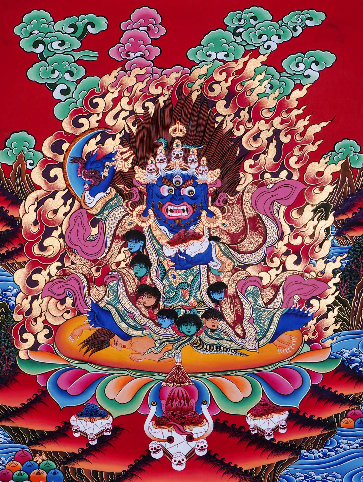 Tibetan Buddhist thangka of Mahakala with dark blue body, five-skull crown, garland of severed heads, holding skull cup and curved knife, surrounded by red flames, hand painted in Kathmandu, Nepal.