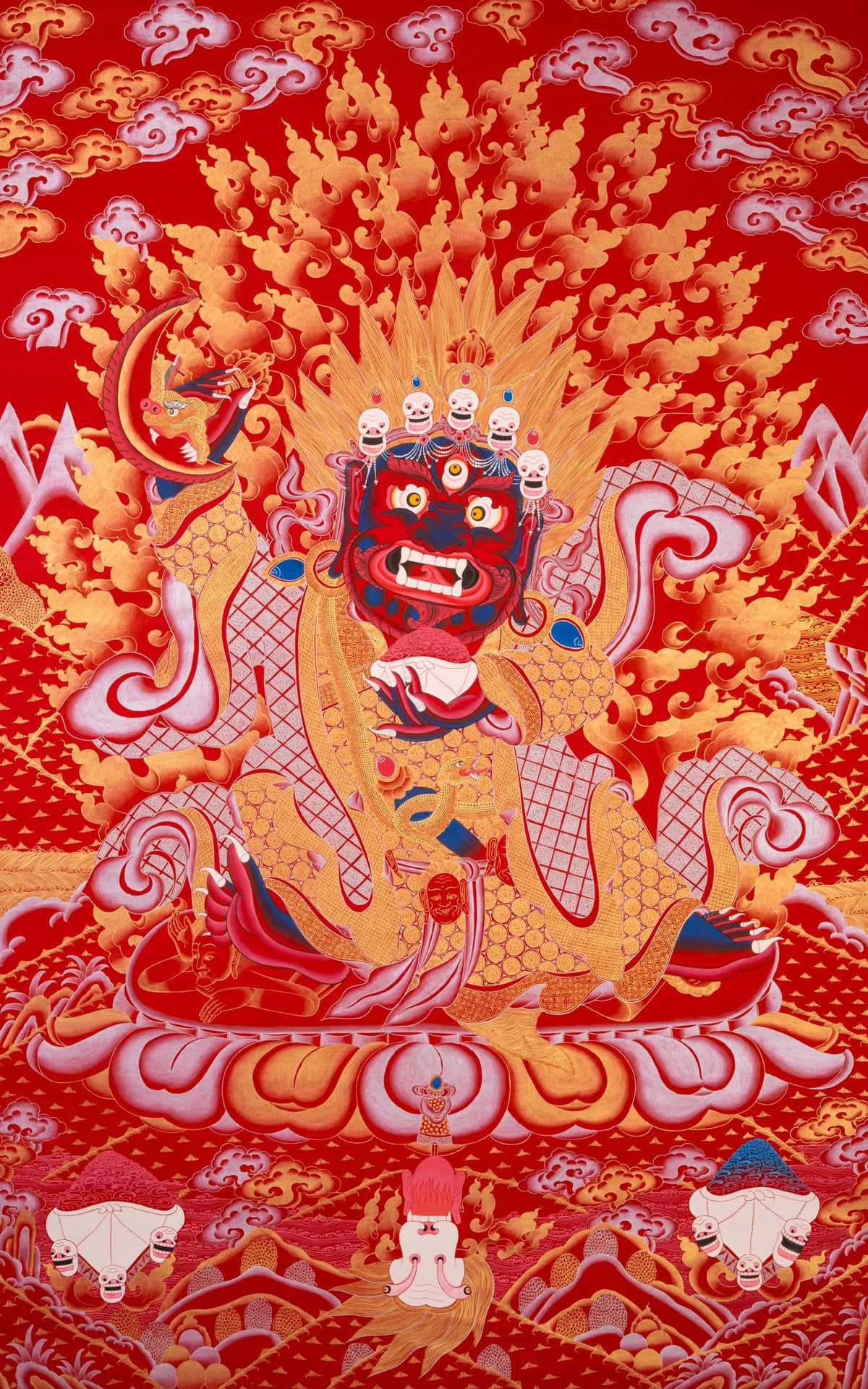 Red Mahakala Thangka depicting the wrathful Dharma Protector Mahakala surrounded by blazing wisdom flames, seated on a lotus throne, representing the Kagyu lineage protector in Tibetan Buddhism.