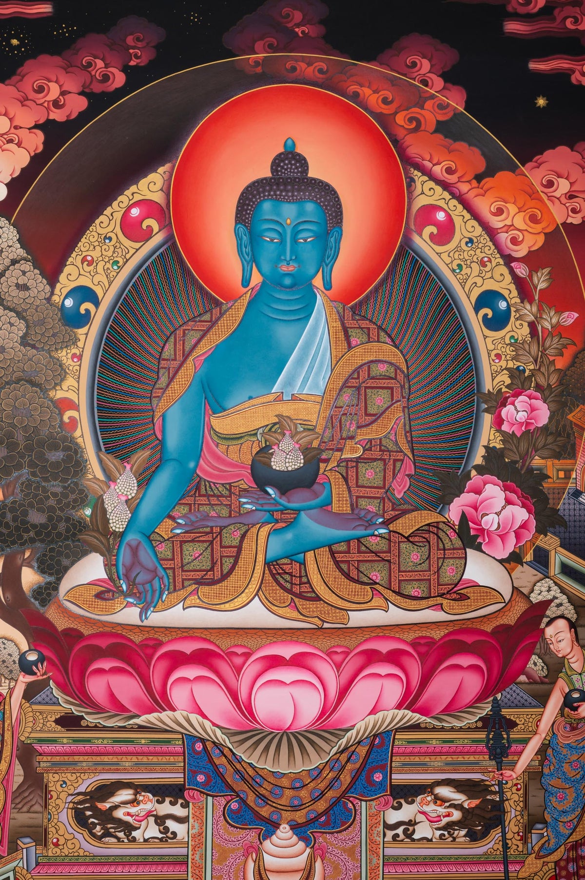 Medicine Buddha Thangka depicting Bhaisajyaguru with deep blue body, holding a myrobalan plant and a healing bowl, seated on a lotus throne with radiant halo, symbolizing healing and compassion in traditional hand-painted Tibetan Buddhist art.