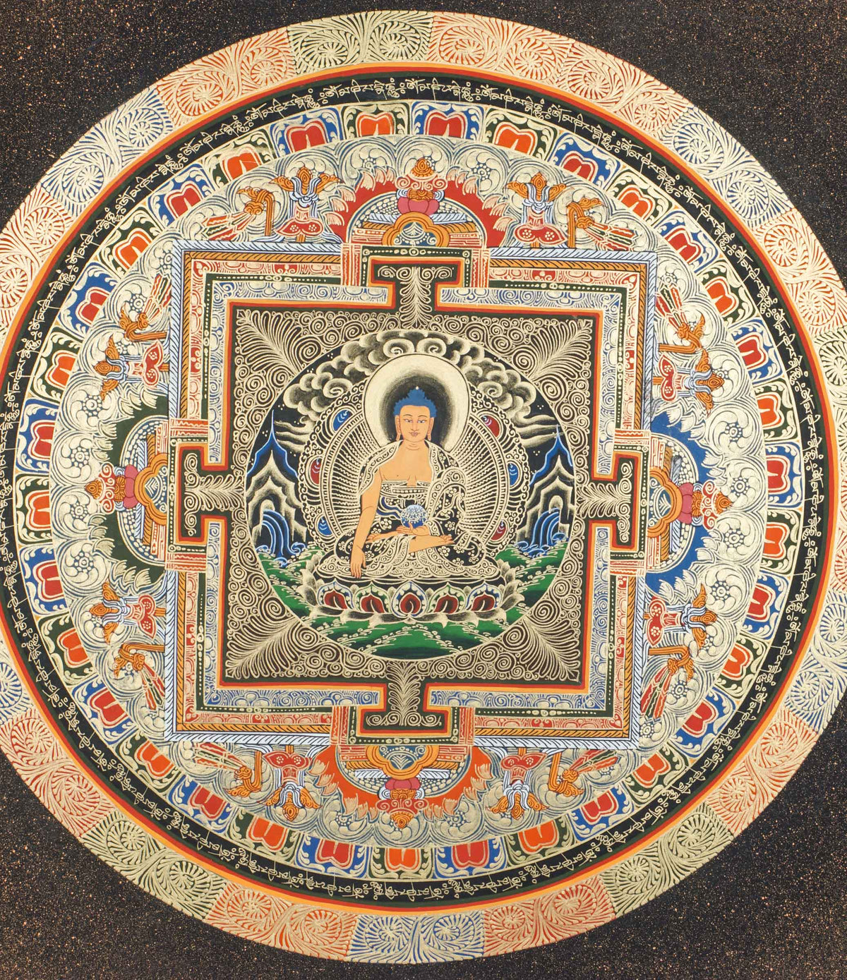 Shakyamuni Buddha Round Mandala Thangka - a sacred circle symbolizing the universe and a pure spiritual space.