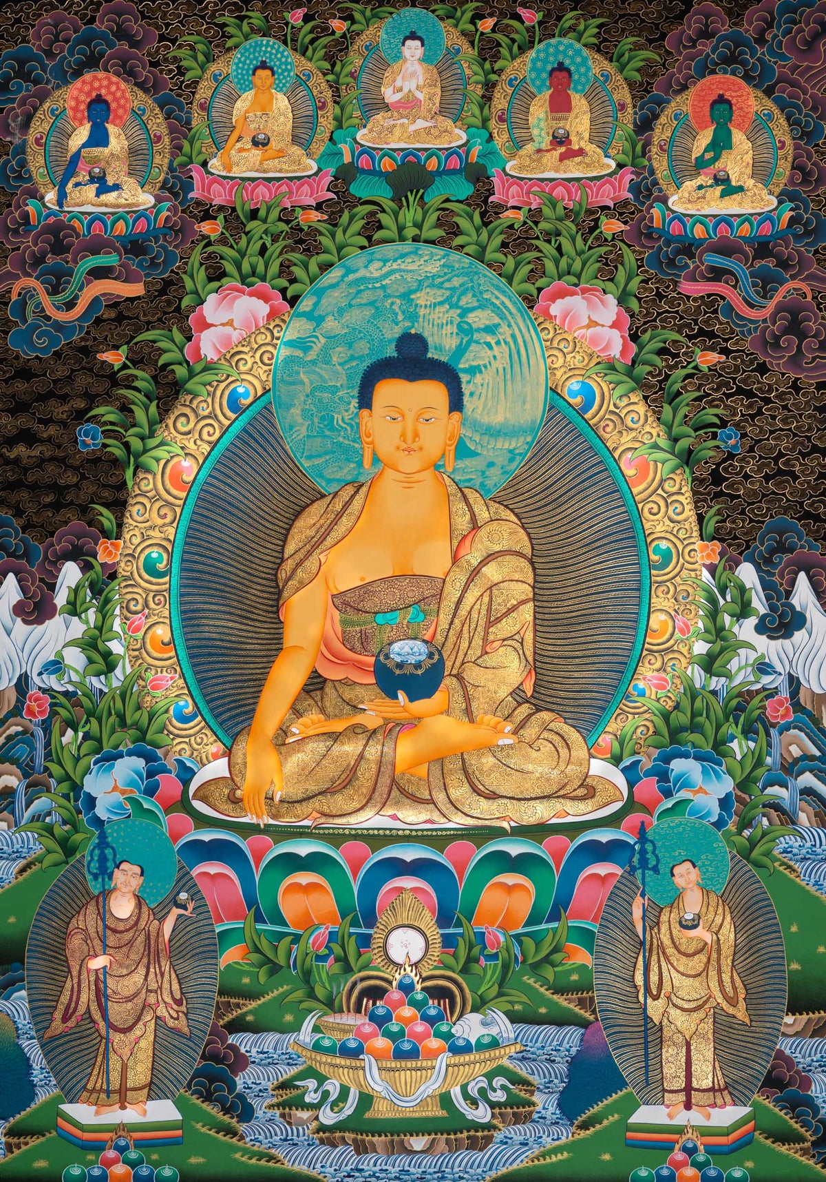 Shakyamuni Buddha Thangka depicting the historical Buddha seated in meditation on a lotus throne, holding an alms bowl, surrounded by attendant figures and celestial Buddhas in traditional hand-painted Tibetan Buddhist art.