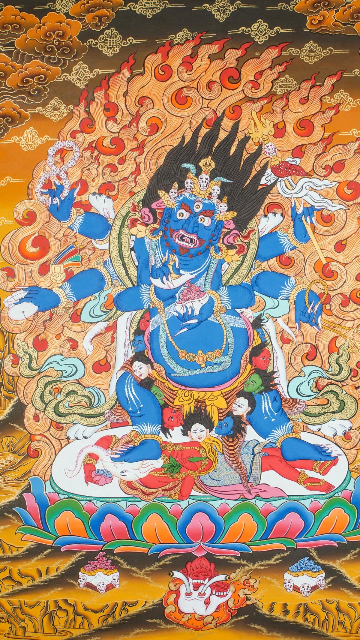 Hand-painted thangka artwork of Mahakala with multiple forms, with the six-armed version considered the most powerful and respected.