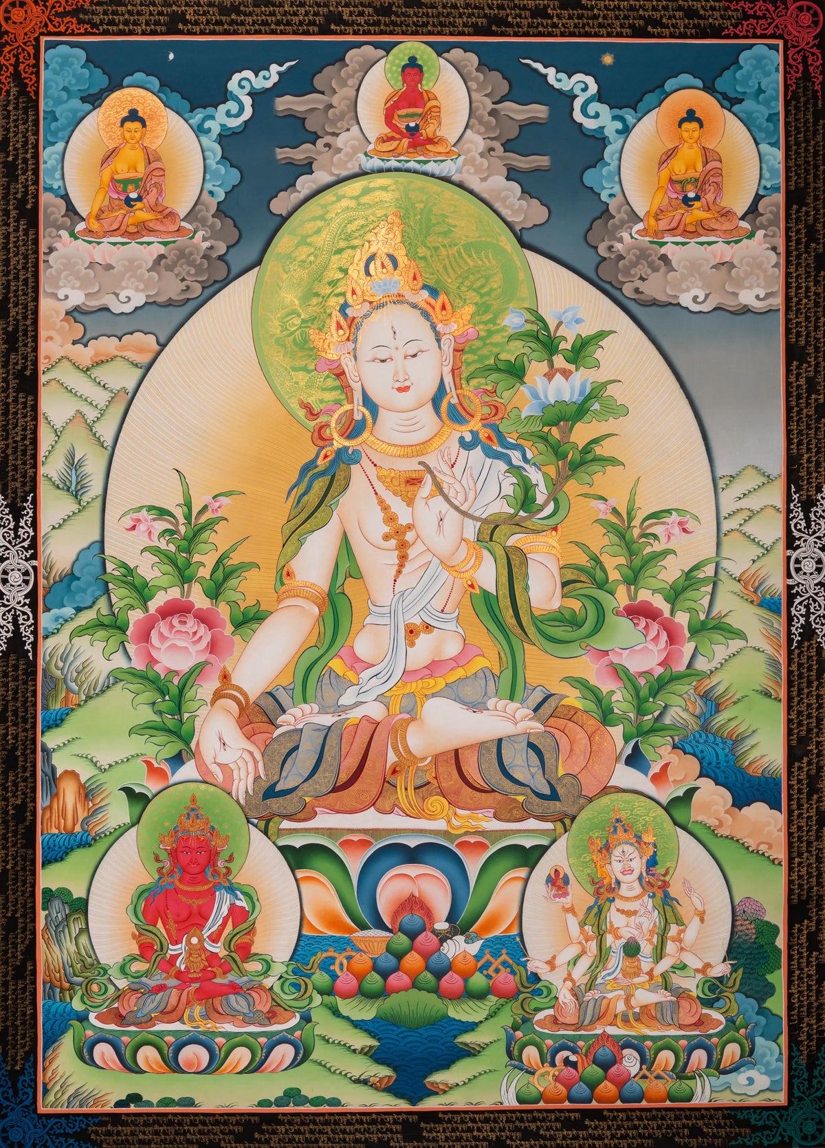 White Tara Thangka depicting the Buddhist goddess of longevity and compassion seated on a lotus throne, holding a blue utpala lotus, with seven eyes, surrounded by celestial Buddhas and lush landscape in traditional hand-painted Tibetan Buddhist art.