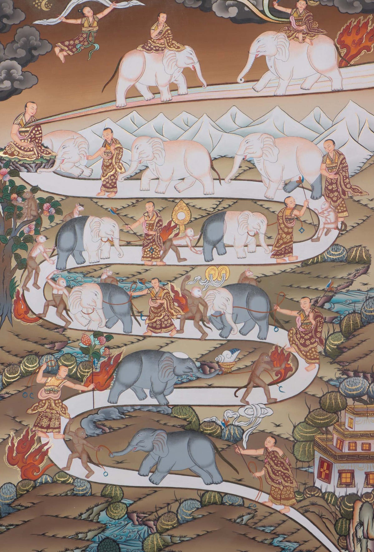 Traditional Tibetan thangka painting illustrating the Nine Stages of Meditation, shown as a winding path with monks guiding elephants through progressively refined stages toward enlightenment, set within a mountainous landscape.
