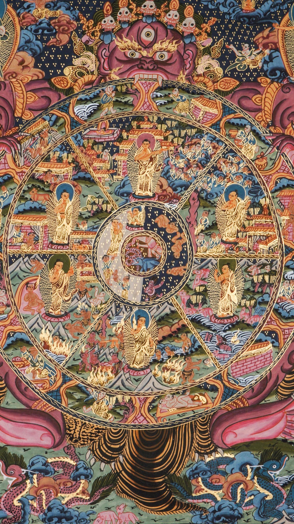 Highly detailed thangka painting featuring a large circular wheel divided into multiple sections, filled with many small seated human figures and animals, surrounded by layered rings of patterns, clouds, flames, and architectural scenes, held by a large purple figure at the top, with an ornate multicolored border.