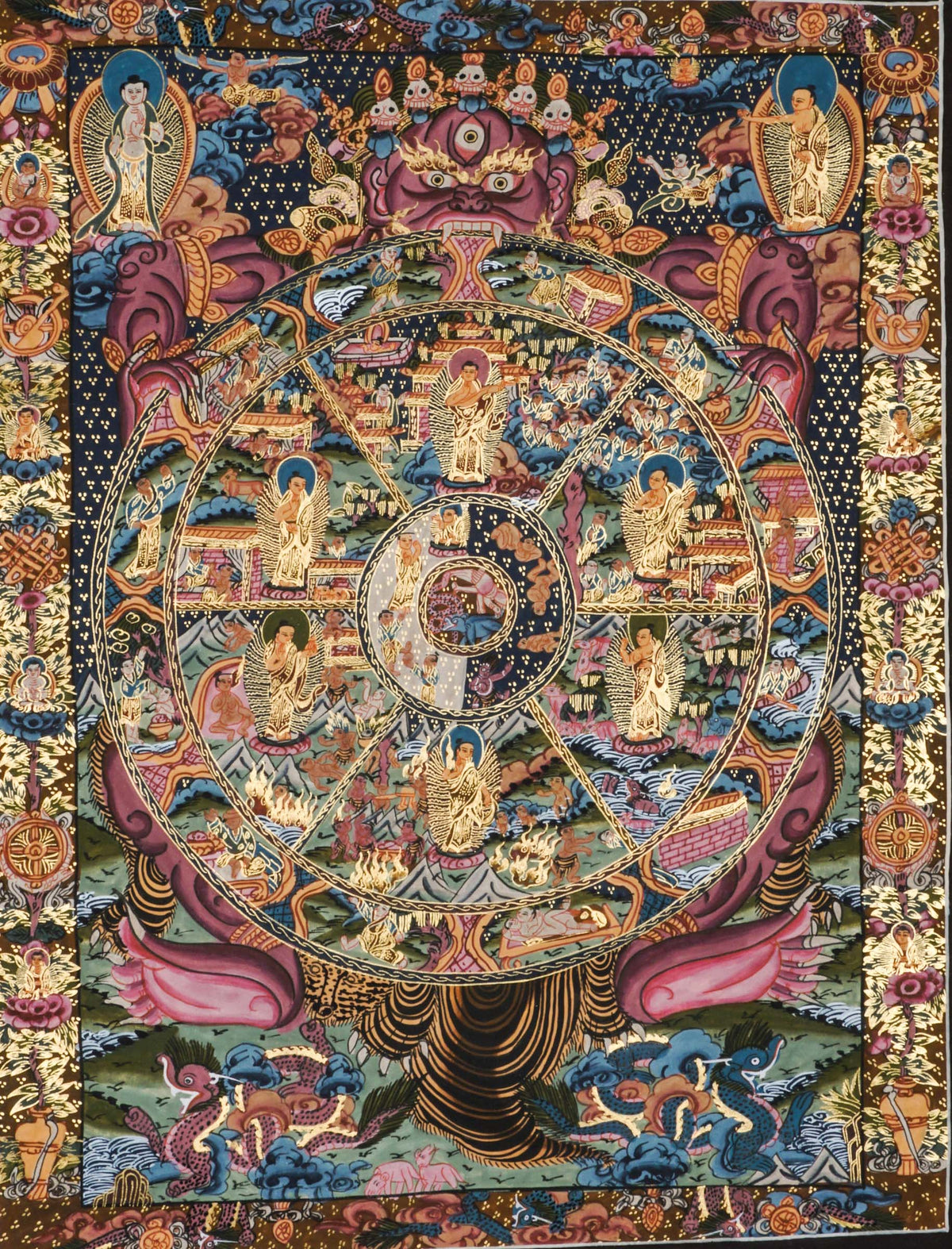 Highly detailed thangka painting featuring a large circular wheel divided into multiple sections, filled with many small seated human figures and animals, surrounded by layered rings of patterns, clouds, flames, and architectural scenes, held by a large purple figure at the top, with an ornate multicolored border.