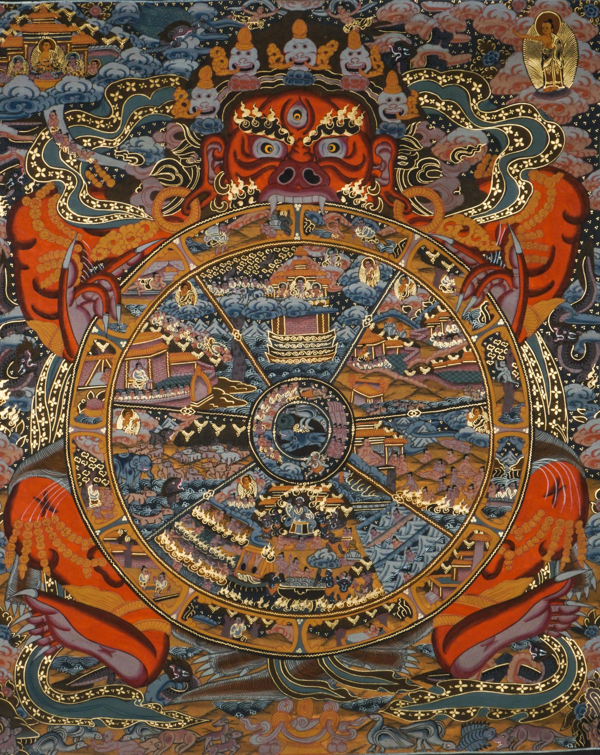 Thangka-style painting featuring a large circular wheel divided into multiple sections filled with small figures, buildings, and landscape scenes, encircled by decorative rings, held by a large red multi-eyed figure with extended arms, surrounded by clouds, flames, and ornate patterns in red, gold, blue, and black tones.
