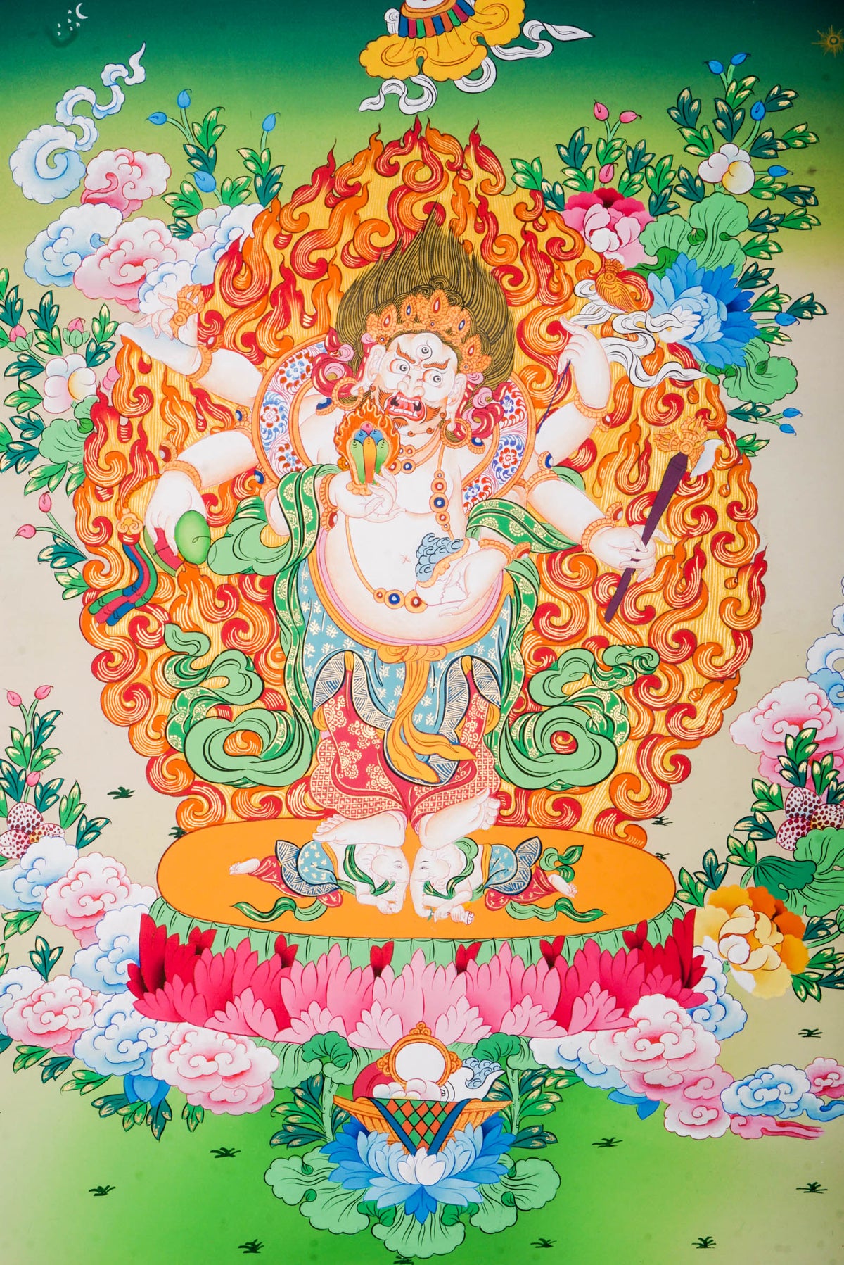 White Mahakala Thangka - a sacred hand-painted art of 6-armed White Mahakala standing on two elephant.