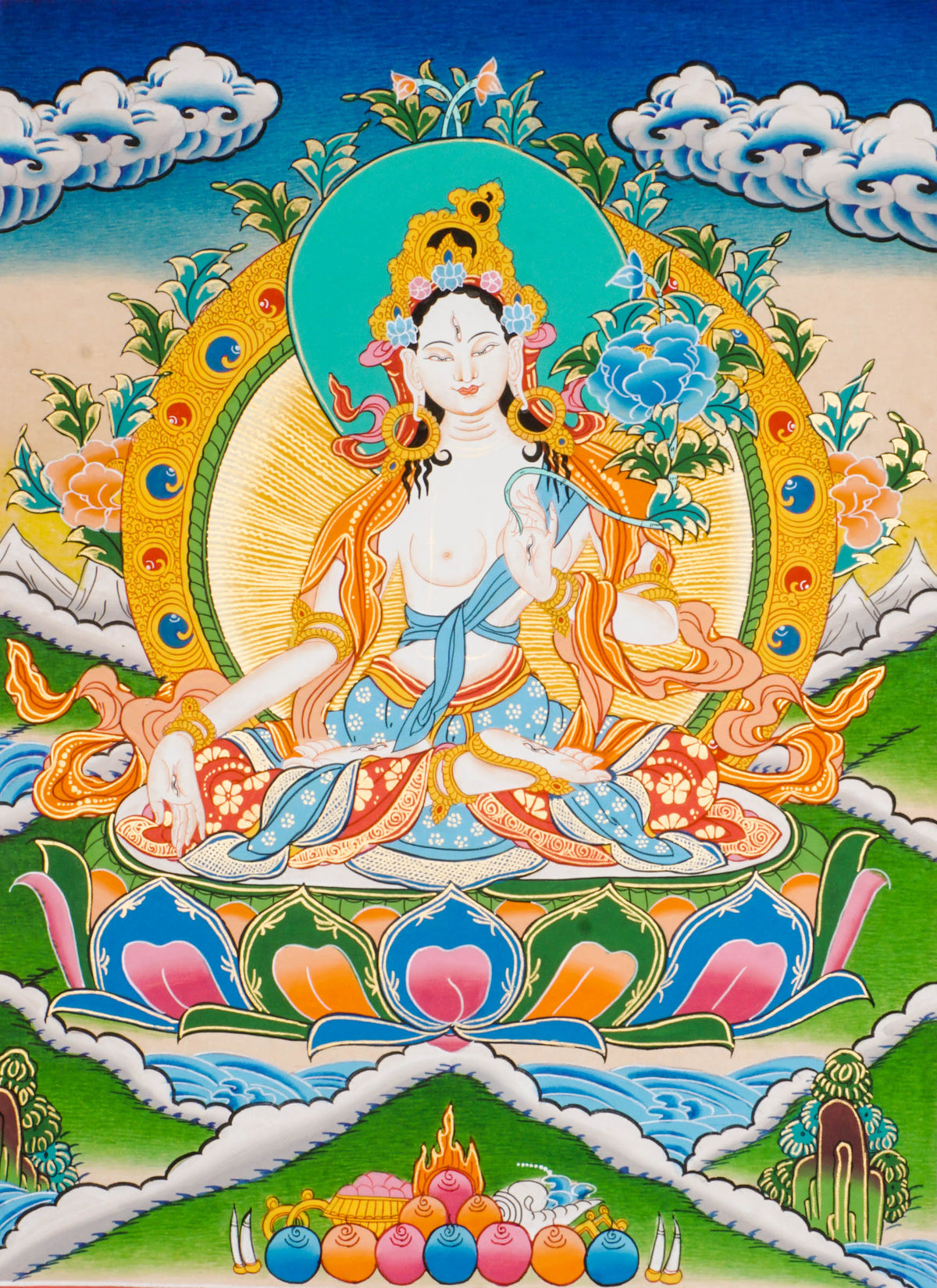 Beautiful hand-painted thangka art portraying White Tara, the bodhisattva of compassion with 24k gold and natural pigments.