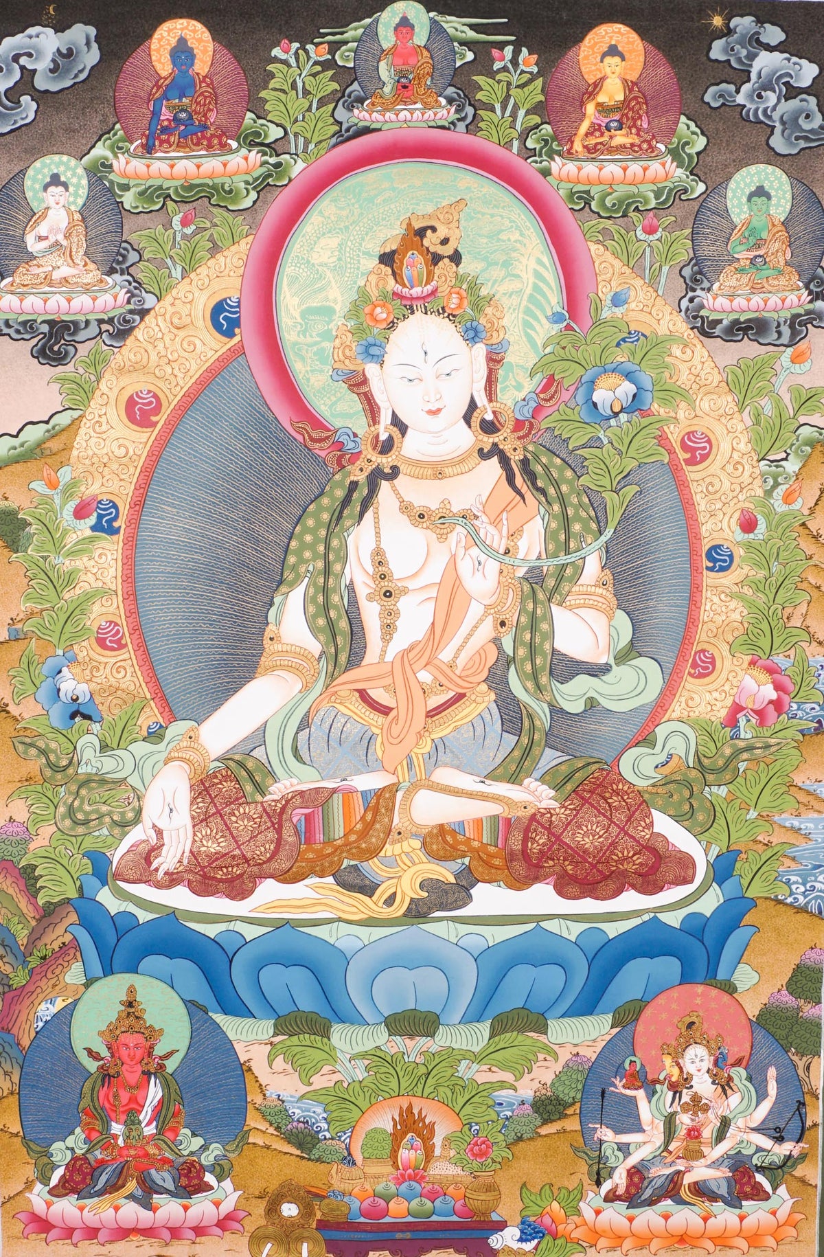 Exclusive Thangka painting of White Tara shown seated on a lotus throne, a symbol of purity and awakening.