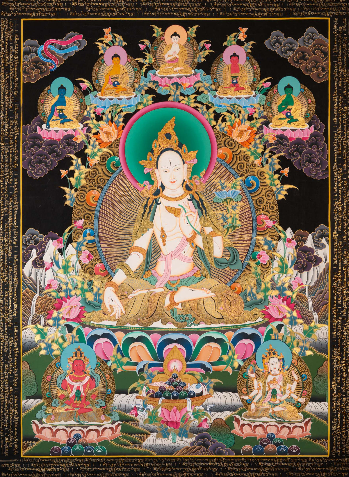 White Tara Thangka depicting the Buddhist goddess of longevity and compassion seated in meditation on a lotus throne, adorned with seven eyes, surrounded by celestial Buddhas and floral motifs in traditional hand-painted Tibetan Buddhist art.