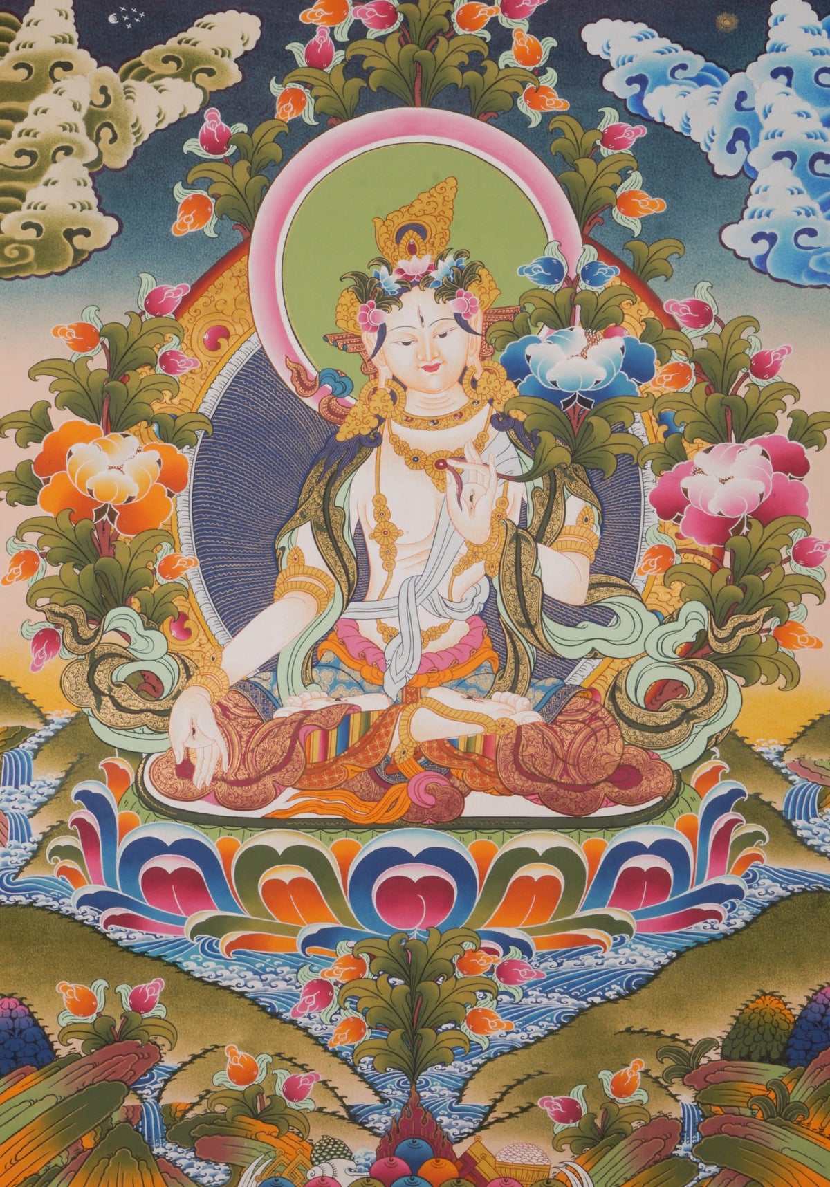 This authentic White Tara Thangka is a sacred symbol of healing, compassion, and longevity, hand-painted on genuine canvas using traditional mineral pigments. Its serene presence brings blessings and protection, making it a meaningful addition to any spiritual space or a heartfelt gift for seekers.