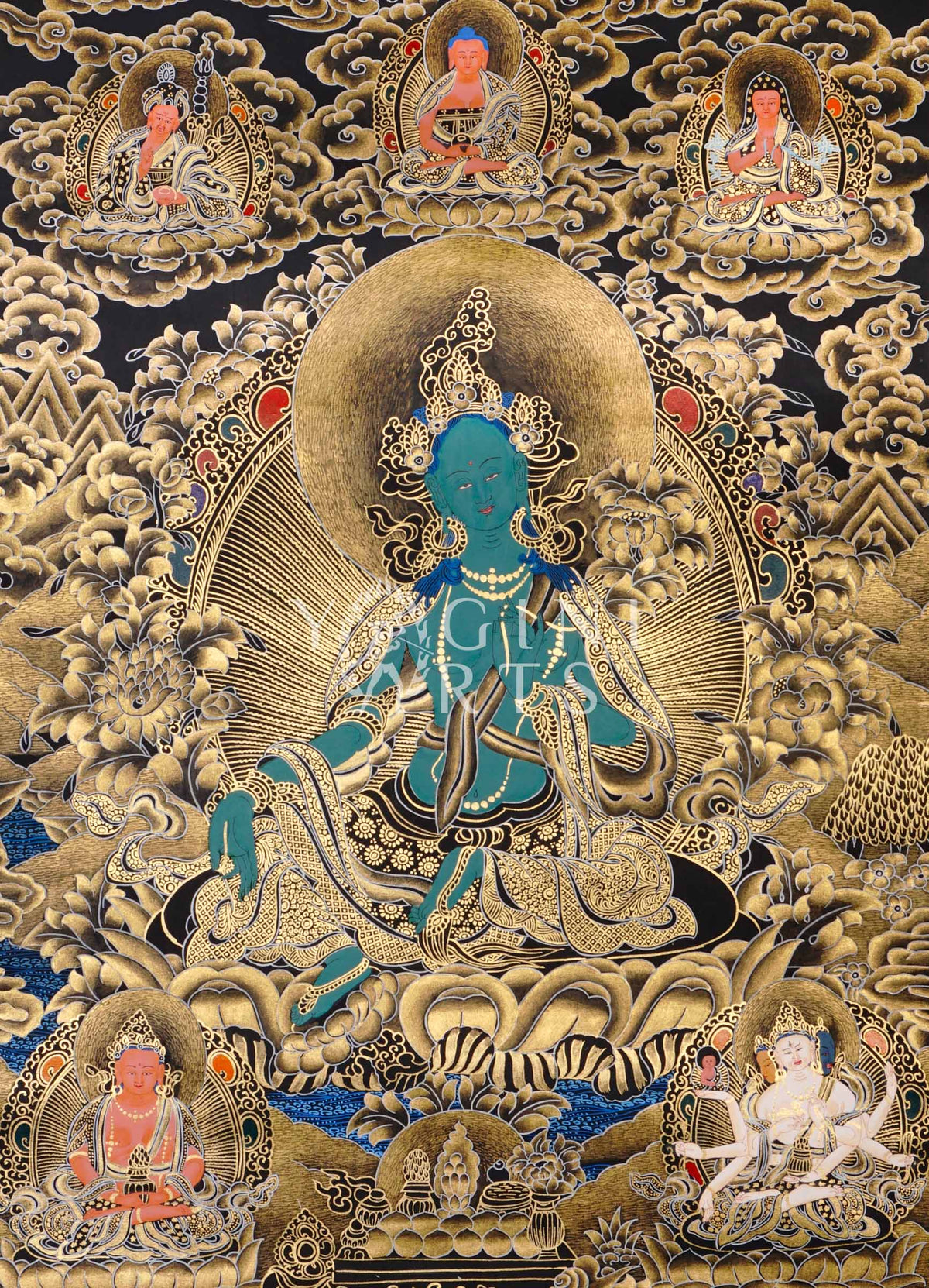 Black and Gold Green Tara thangka featuring the Buddhist goddess seated on a lotus throne surrounded by golden floral motifs and celestial figures