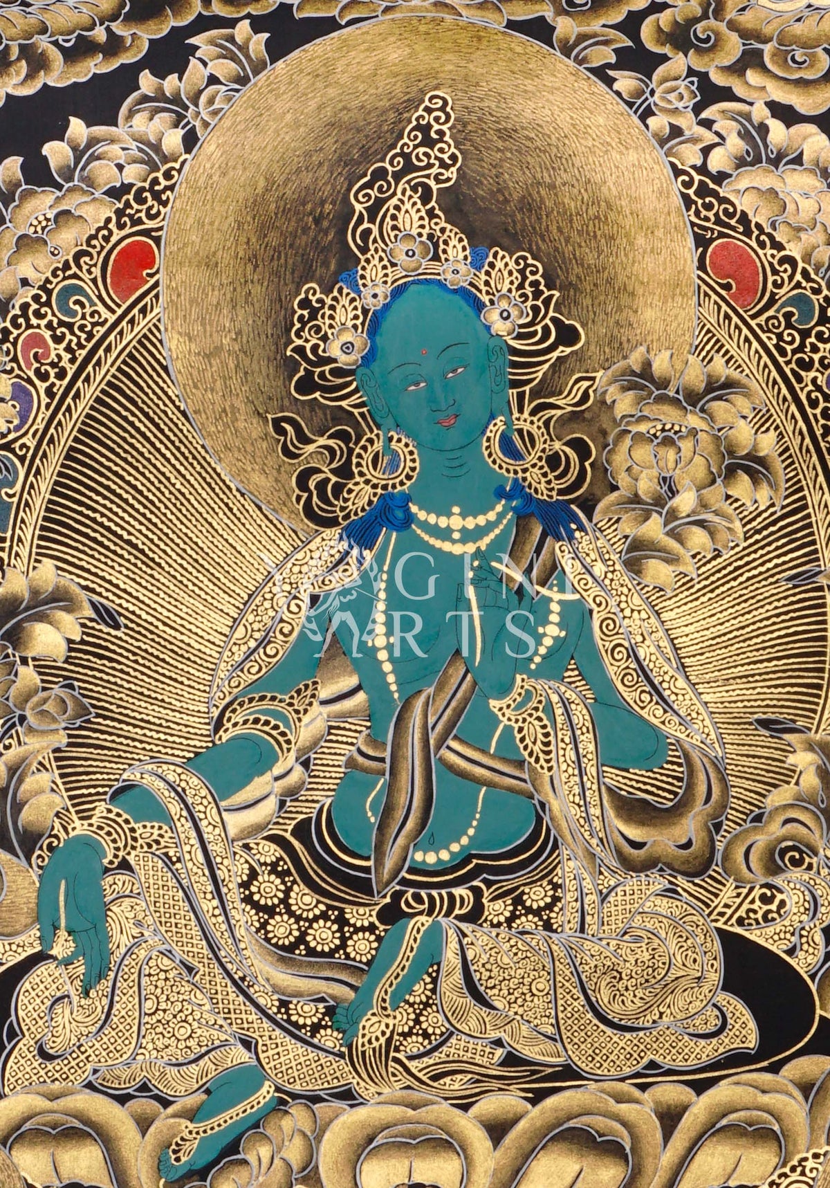 Black and Gold Green Tara thangka featuring the Buddhist goddess seated on a lotus throne surrounded by golden floral motifs and celestial figures