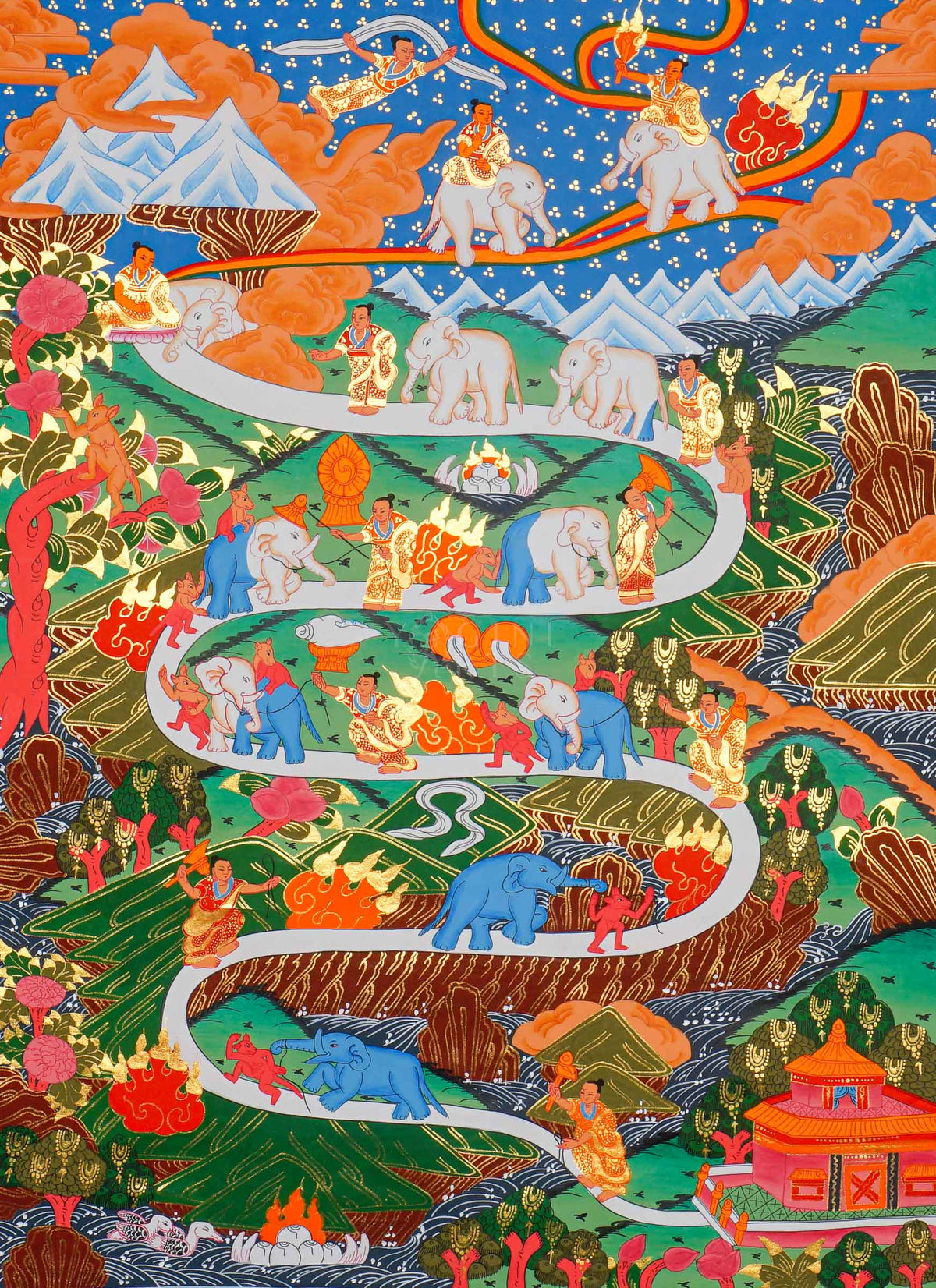Way to Heaven Thangka painting featuring elephants, celestial figures, and a winding white path through a colorful Himalayan landscape, 60 x 45 cm