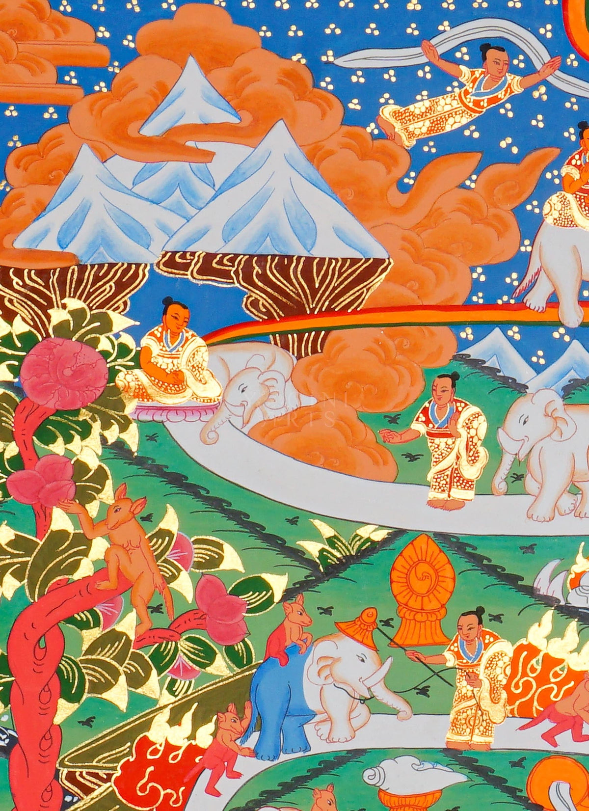 Way to Heaven Thangka painting featuring elephants, celestial figures, and a winding white path through a colorful Himalayan landscape, 60 x 45 cm