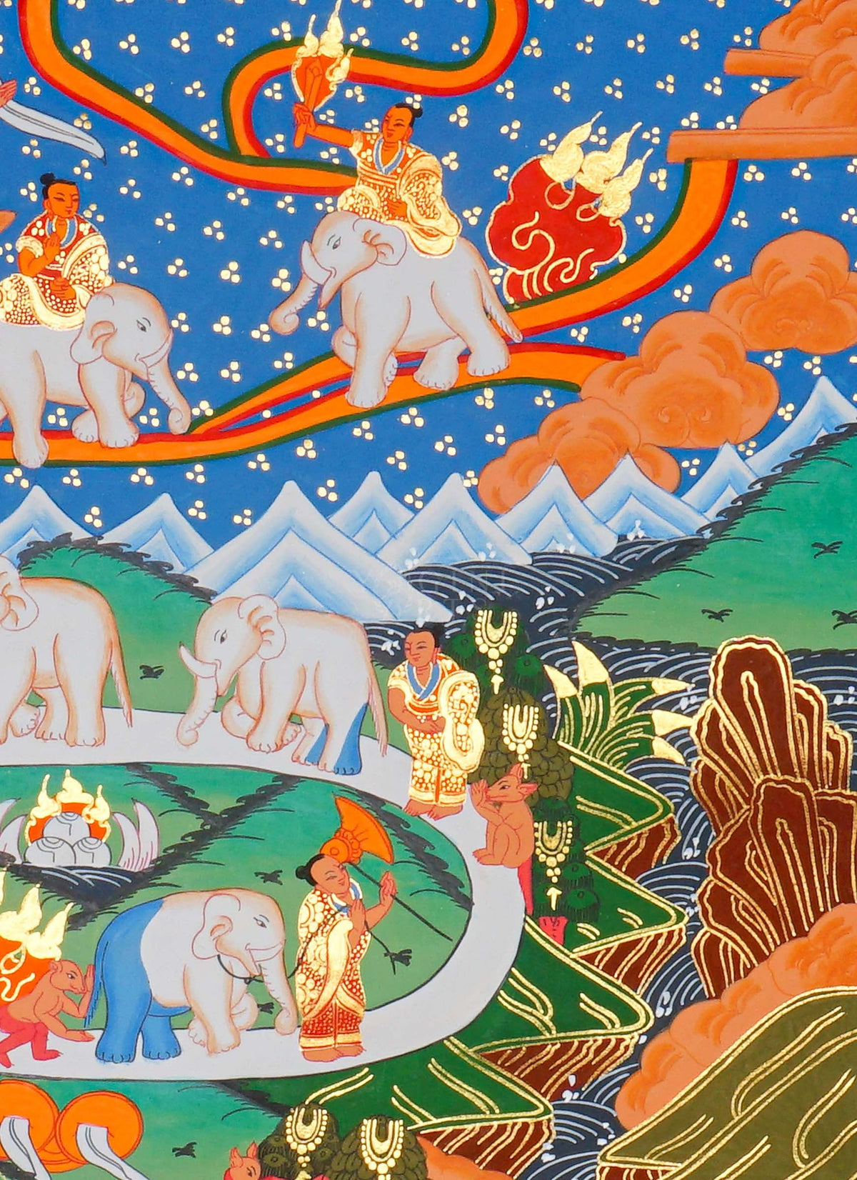 Way to Heaven Thangka painting featuring elephants, celestial figures, and a winding white path through a colorful Himalayan landscape, 60 x 45 cm