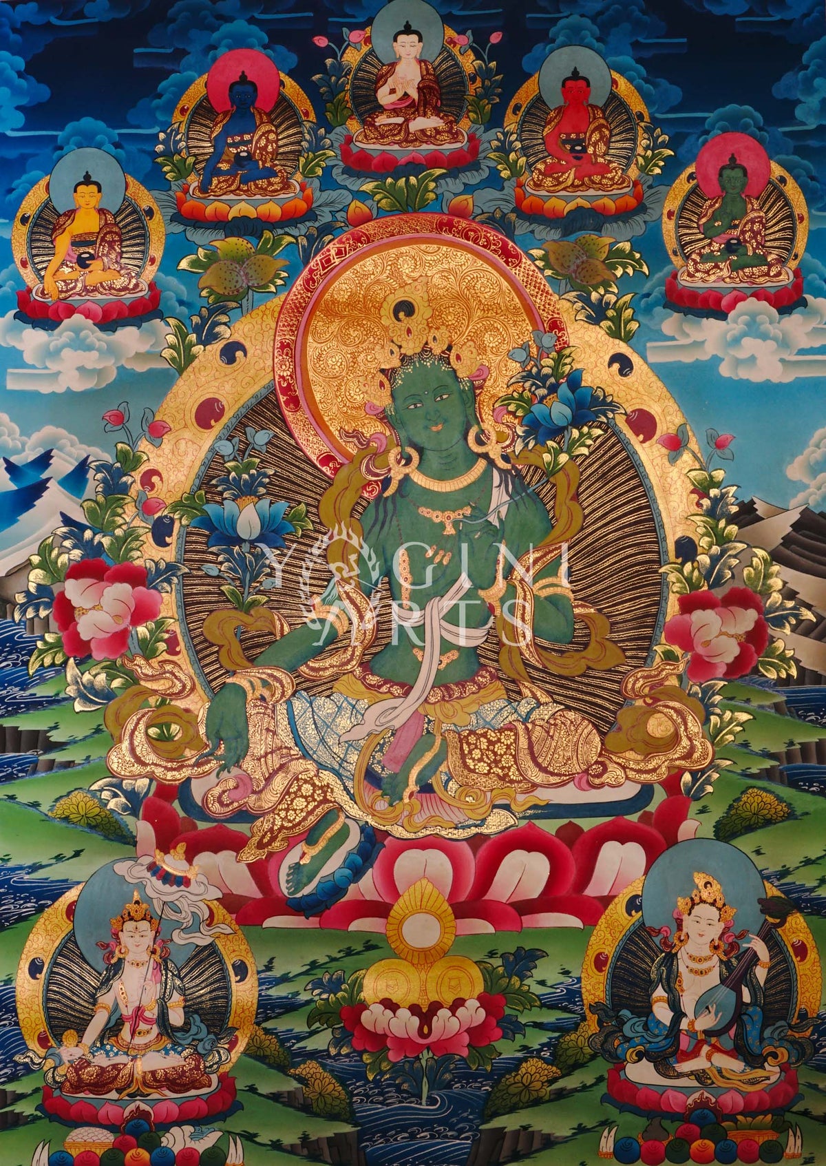 Green Tara thangka featuring the Buddhist goddess of compassion seated on a lotus throne surrounded by vibrant sacred symbolism and gold detailing
