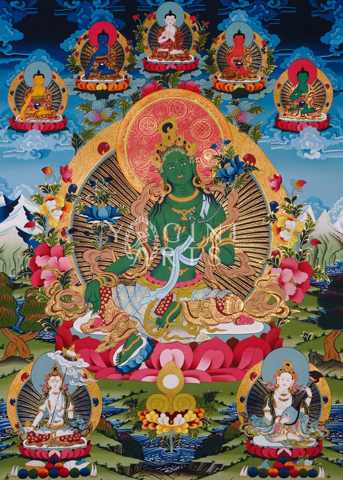 reen Tara thangka featuring the Buddhist goddess of compassion seated on a lotus throne surrounded by enlightened Buddhas and sacred Himalayan symbolism