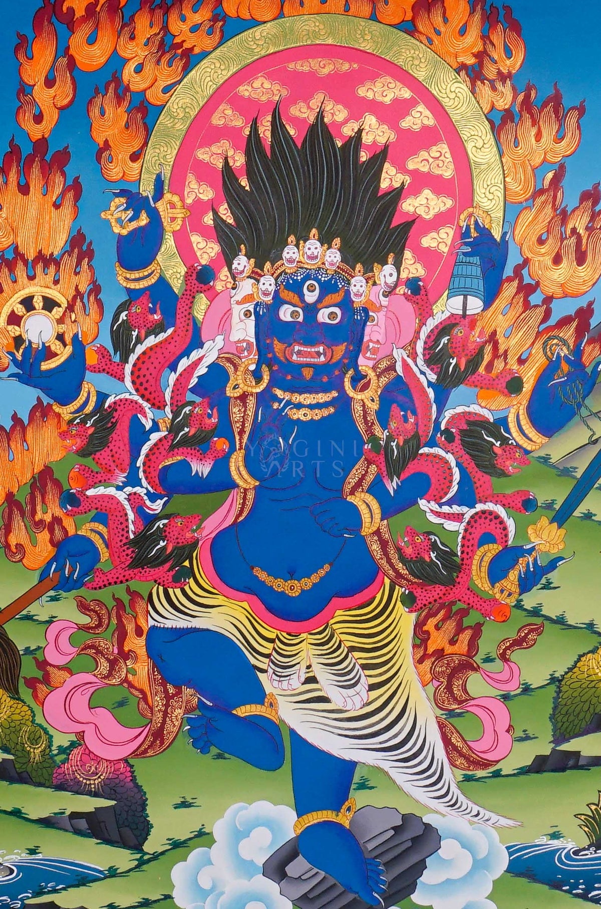 Akash Bhairav Thangka painting featuring a fierce blue deity surrounded by blazing orange flames and a detailed Himalayan landscape, 75 x 50 cm