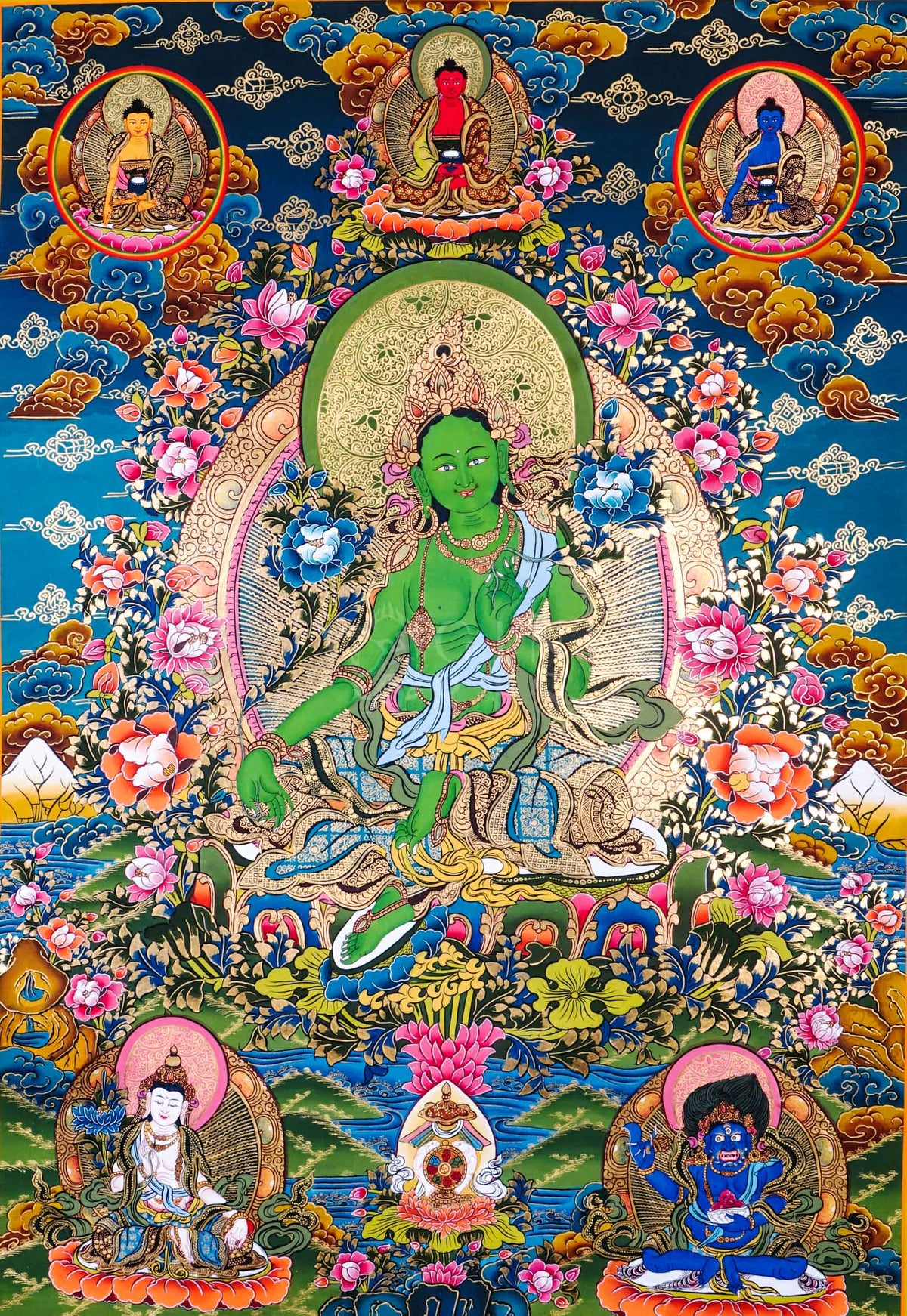Traditional hand-painted Green Tara Tibetan thangka featuring the Buddhist goddess of compassion seated among lotus flowers with celestial Buddhas and sacred Himalayan motifs