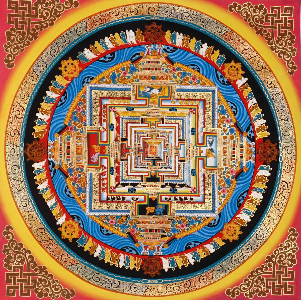 Hand painted Kalachakra Mandala thangka depicting intricate Tibetan Wheel of Time sacred palace with concentric protective rings