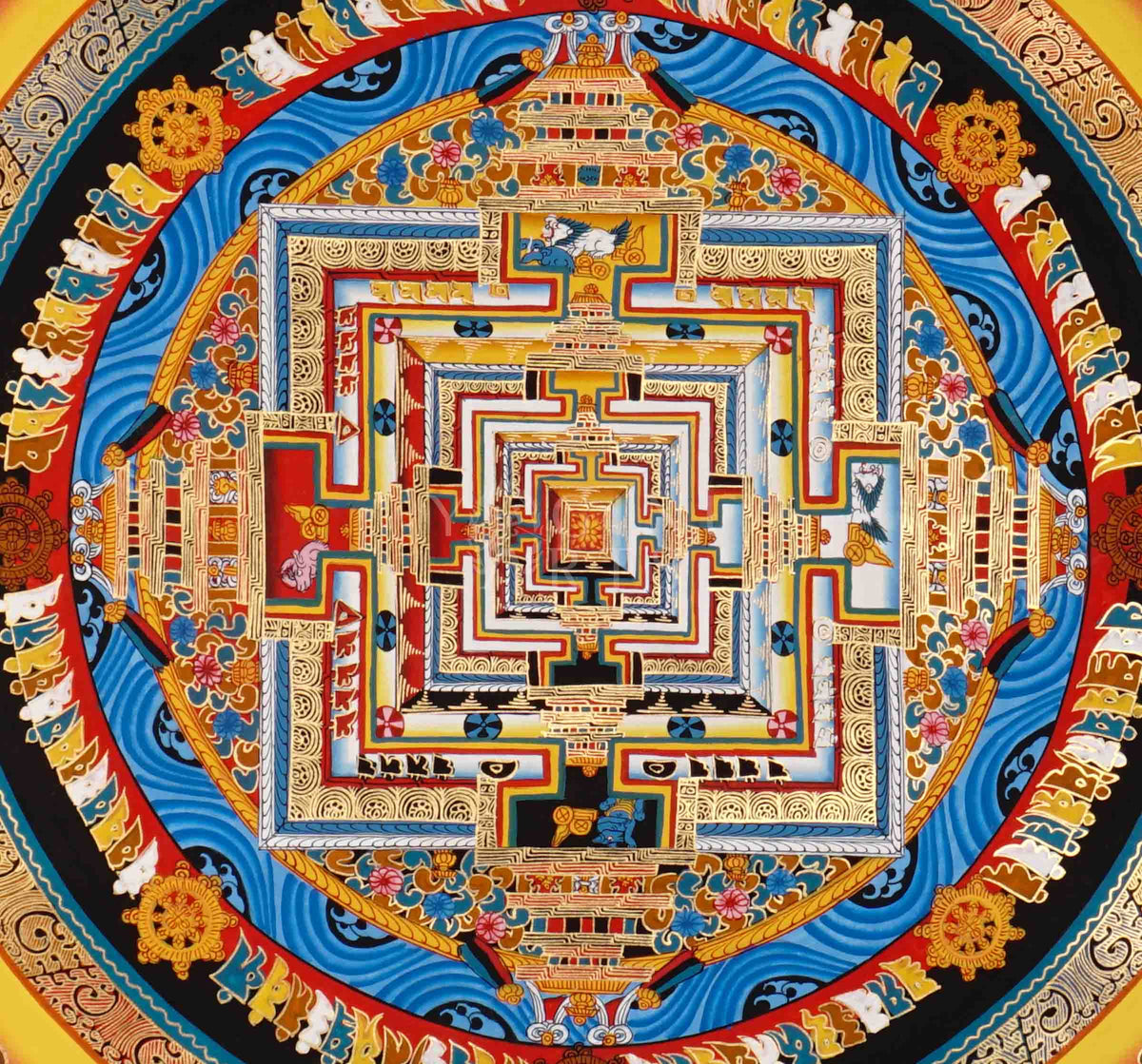 Hand painted Kalachakra Mandala thangka depicting intricate Tibetan Wheel of Time sacred palace with concentric protective rings