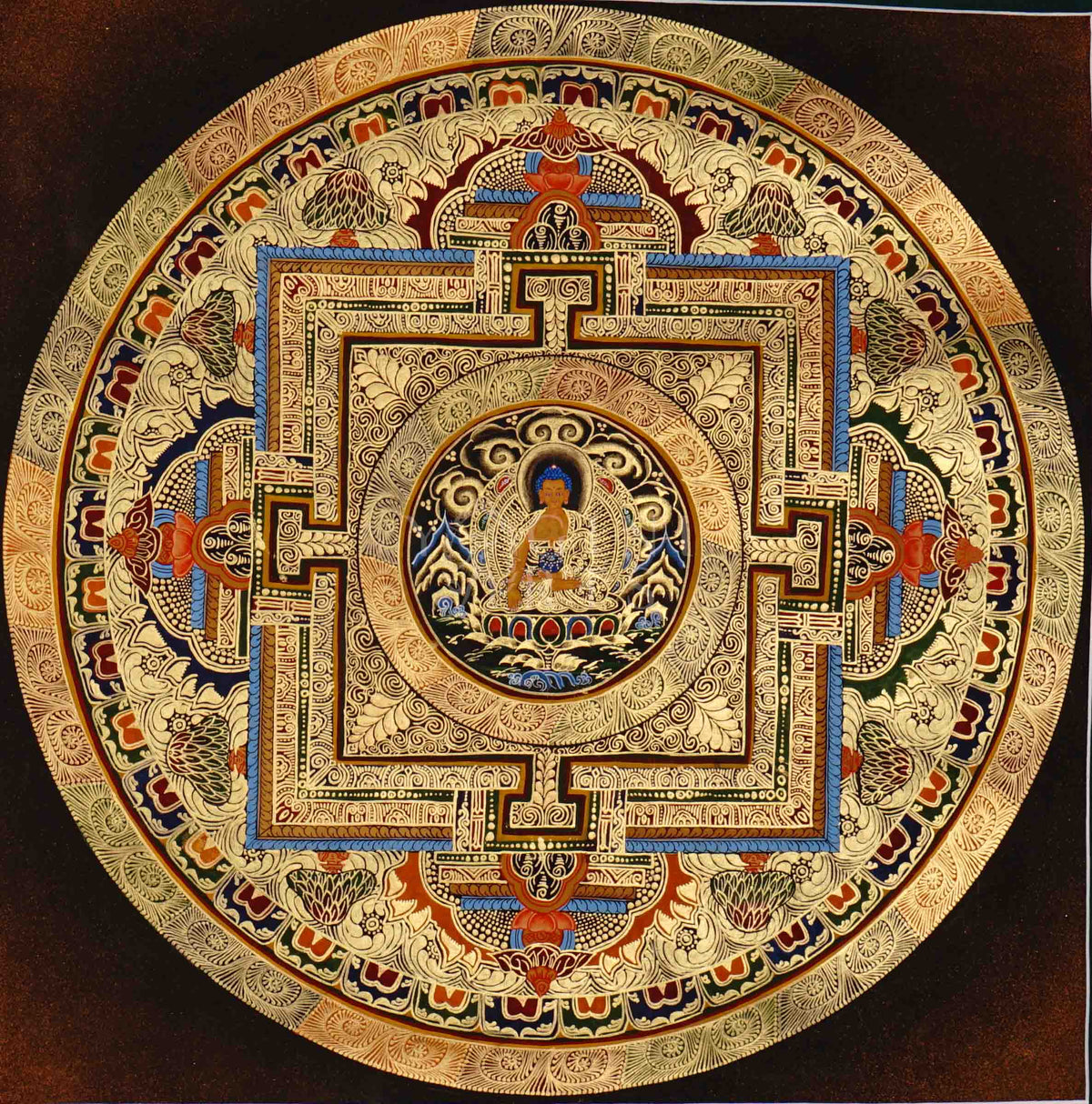 Hand painted Shakyamuni Buddha Mandala thangka depicting the Buddha seated within sacred geometric palace on dark background