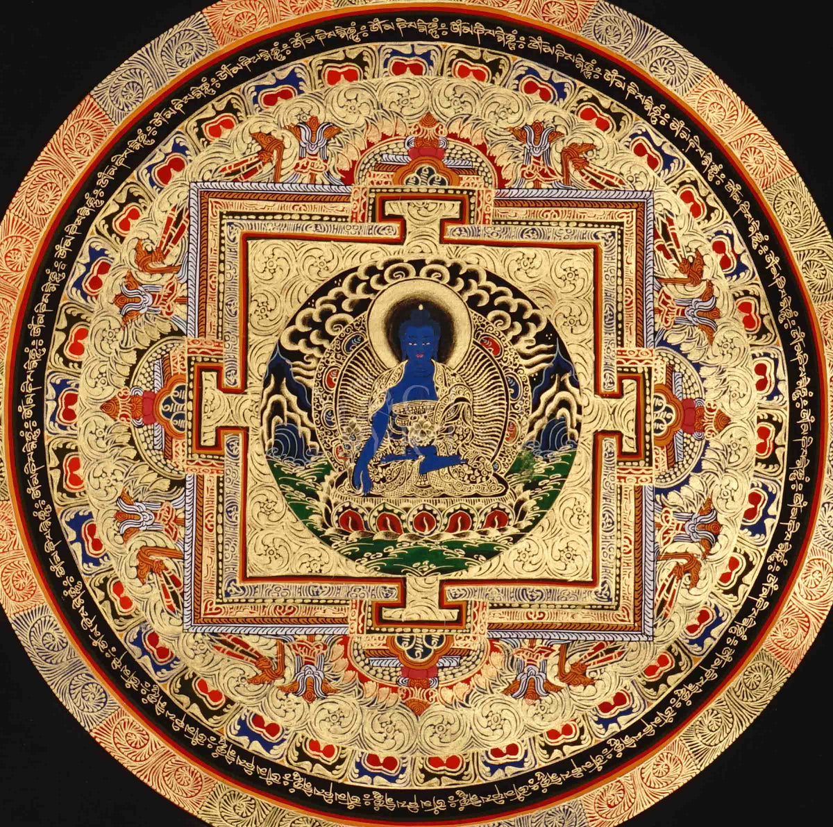 Hand painted Medicine Buddha Mandala thangka depicting blue healing Buddha seated within sacred geometric palace on dark background