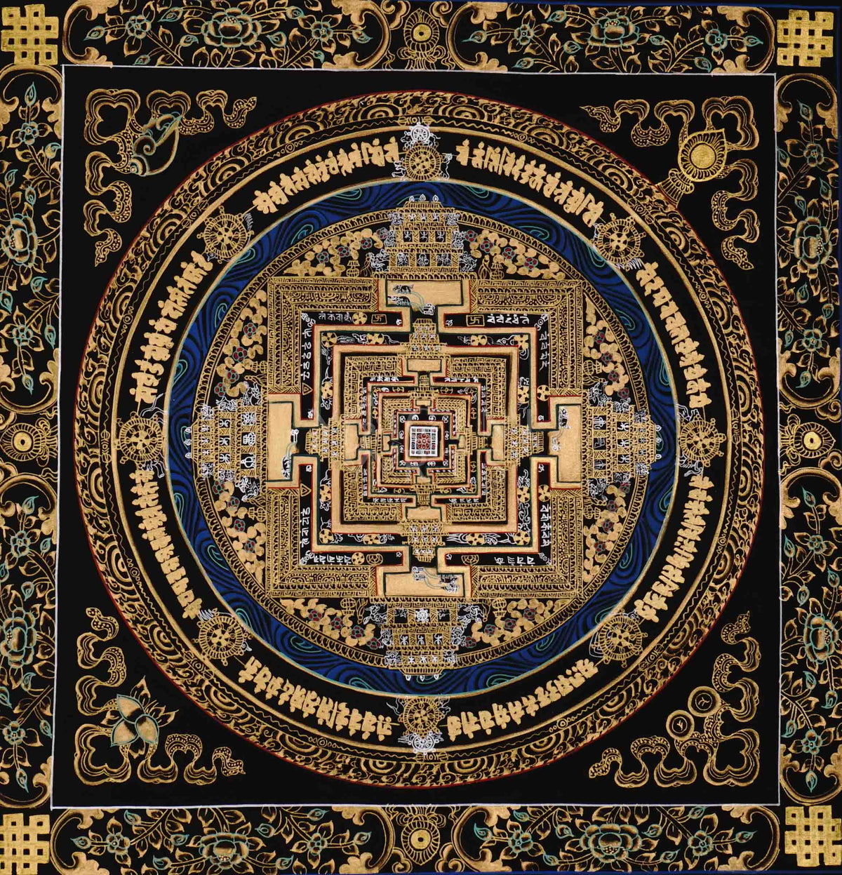 Hand painted black and gold Kalachakra Mandala thangka depicting Tibetan Wheel of Time sacred palace with concentric mantra rings